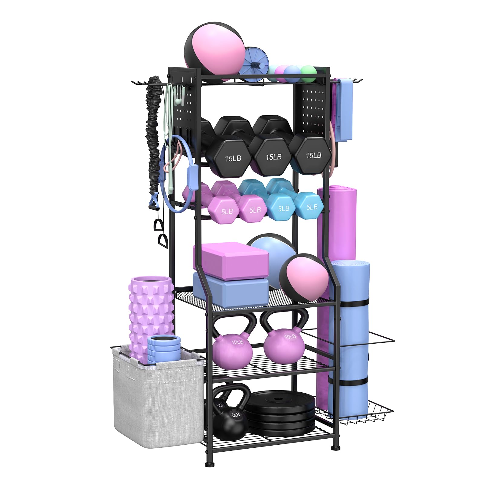Dumbbell Rack for Home Gym - Heavy Duty Weight Storage Organizer for Dumbbells, Kettlebells, Yoga Mats & Strength Training Equipment with Peg Board - Perfect for Garage, Basement & Home Workout Spaces