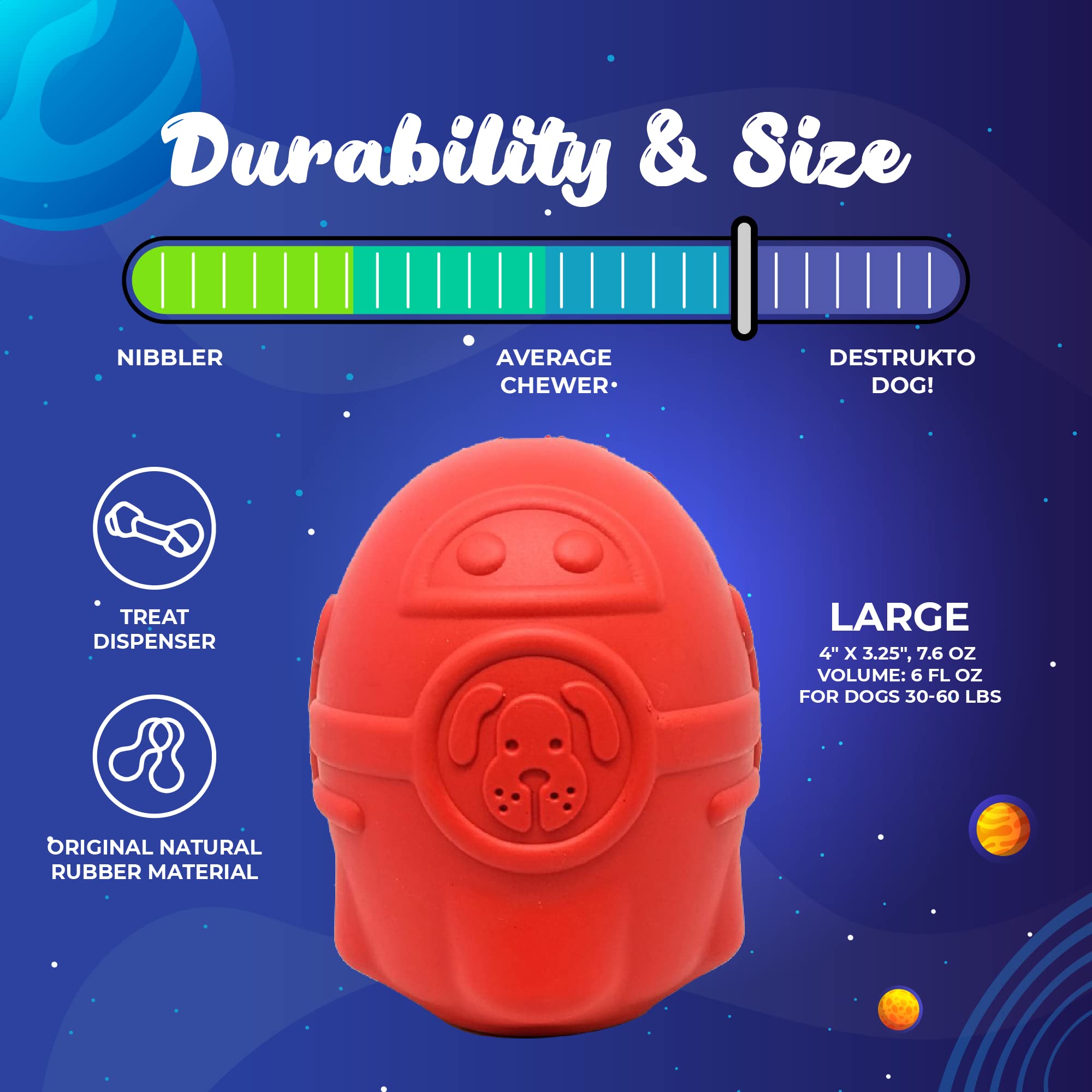 SodaPup Spotnik Rocketman - Durable Dog Chew Toy & Treat Dispenser | Non-Toxic Natural Rubber | Made in USA | Mental Stimulation & Anxiety Relief | Perfect for Aggressive Chewers, Training & Playtime