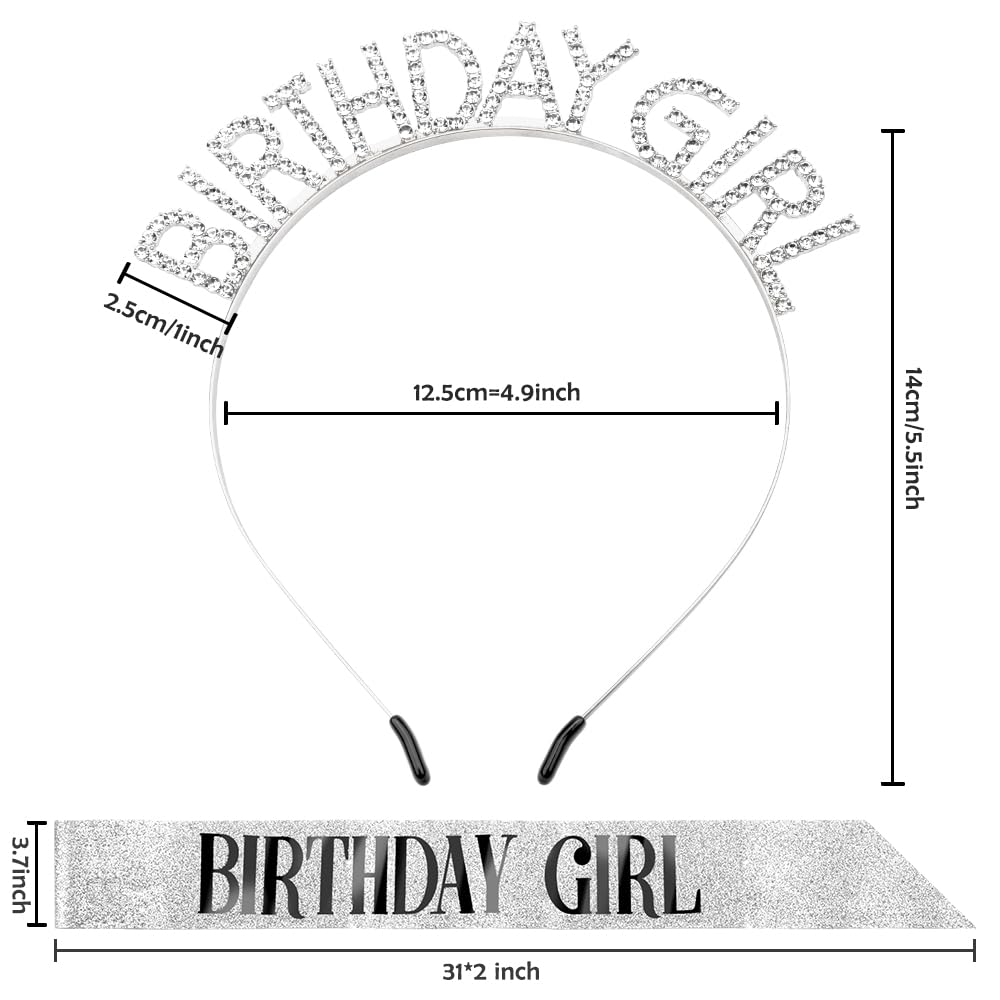 Glitter Silver Birthday Sash & Crown Set for Women - Rhinestone Tiara Headband & Birthday Girl Sash Accessories | Perfect for Princess-Themed Parties, Bachelorette Celebrations & Special Occasions