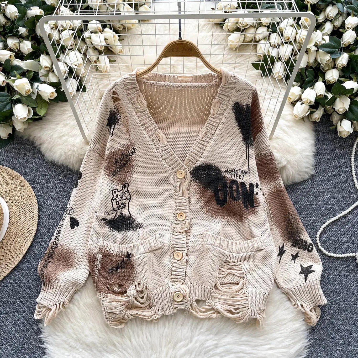 Women's Beige Graffiti Print Long Sleeve Cardigan Sweater - Korean Style Loose Knit Button Up Top for Autumn Winter Fashion | Casual Outfit, Office Wear, Coffee Date & Street Style