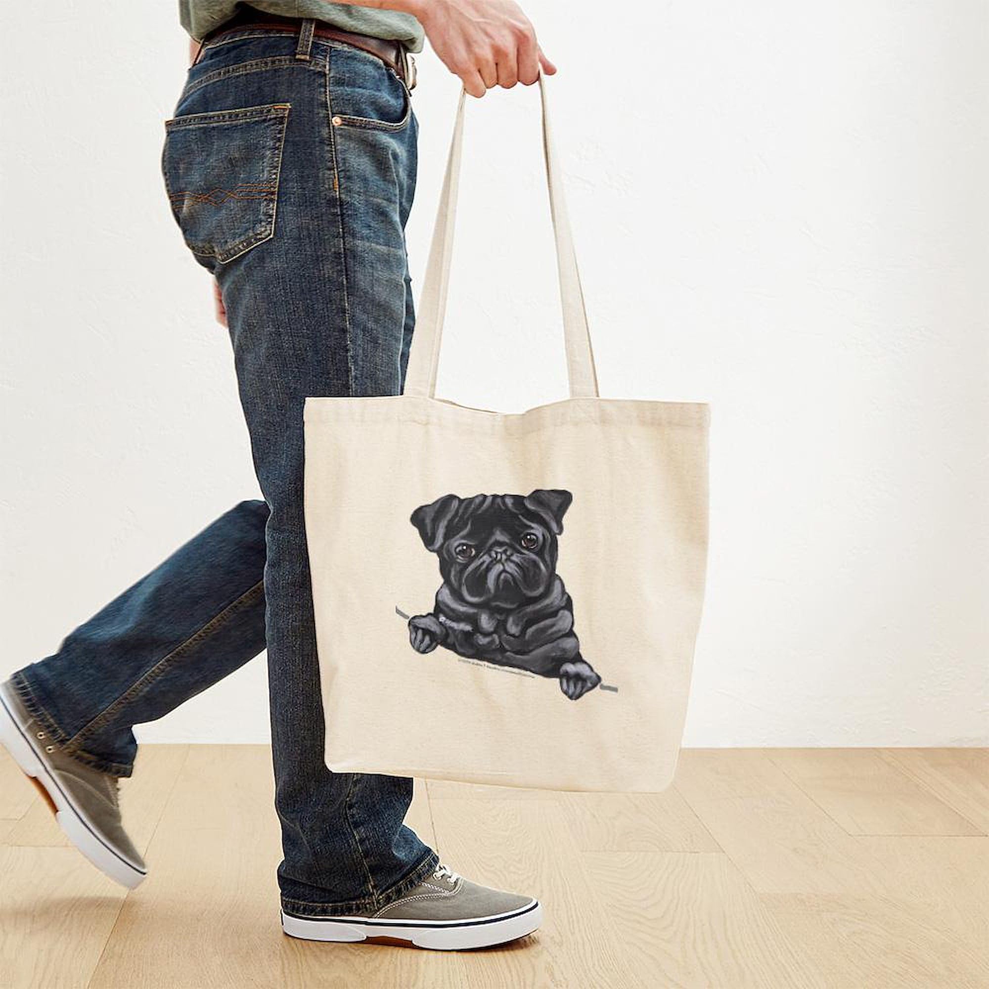Black Pug Line Art Tote Bag - Natural Canvas Reusable Shopping Bag for Groceries, Beach & Everyday Use | Eco-Friendly & Durable