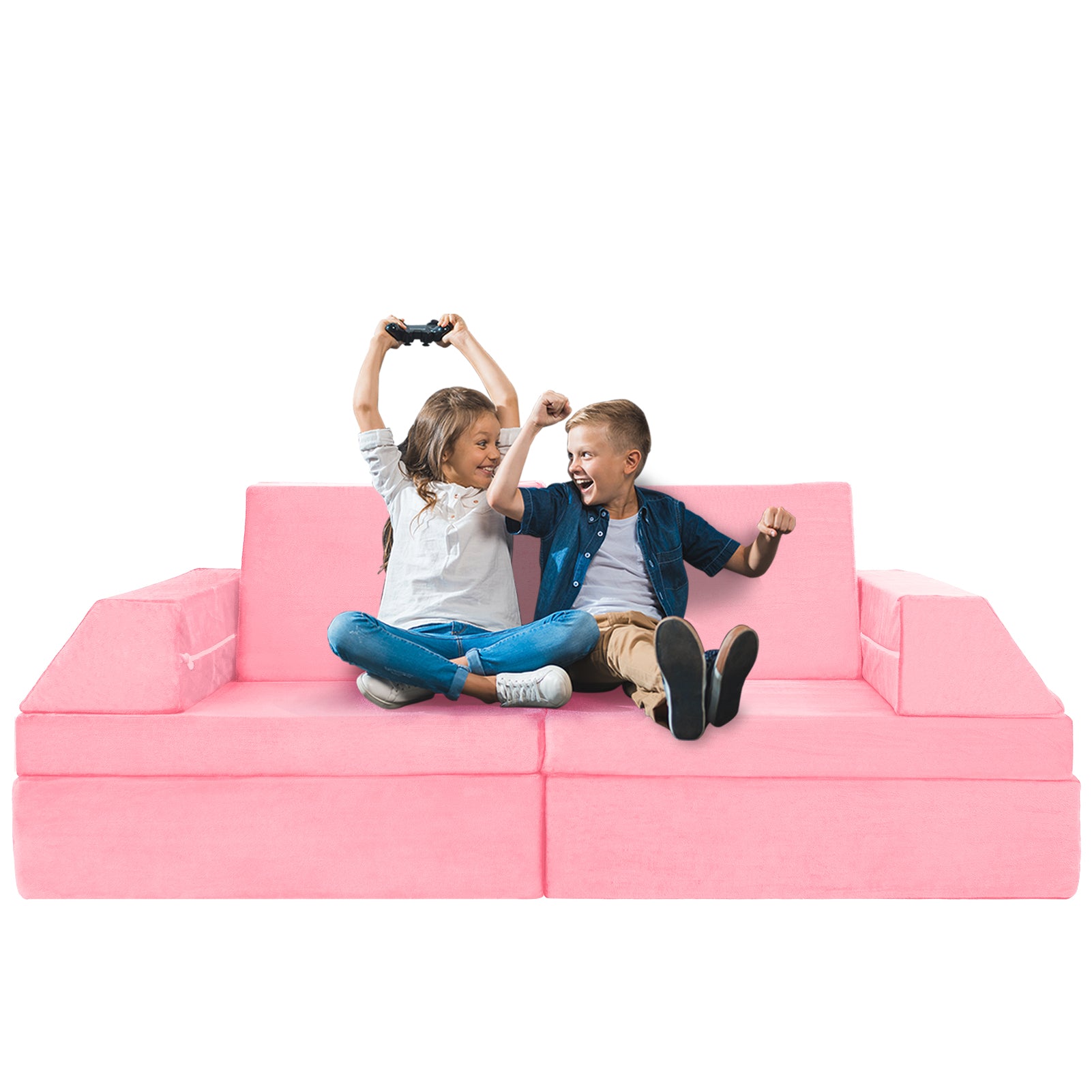 MAXYOYO 10-Piece Modular Convertible Kids Play Couch Sofa Set with Removable Soft Velvet Covers - Pink | Playroom Furniture for Toddlers & Children | Perfect for Playtime, Reading Nook & Sleepovers