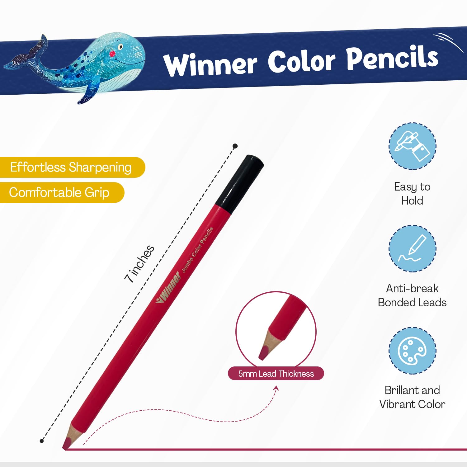 24 Jumbo Triangular Colored Pencils for Kids - Extra Thick, Non-Toxic Art Supplies with Free Sharpener - Perfect for Classroom, School, Home Drawing & Coloring Activities