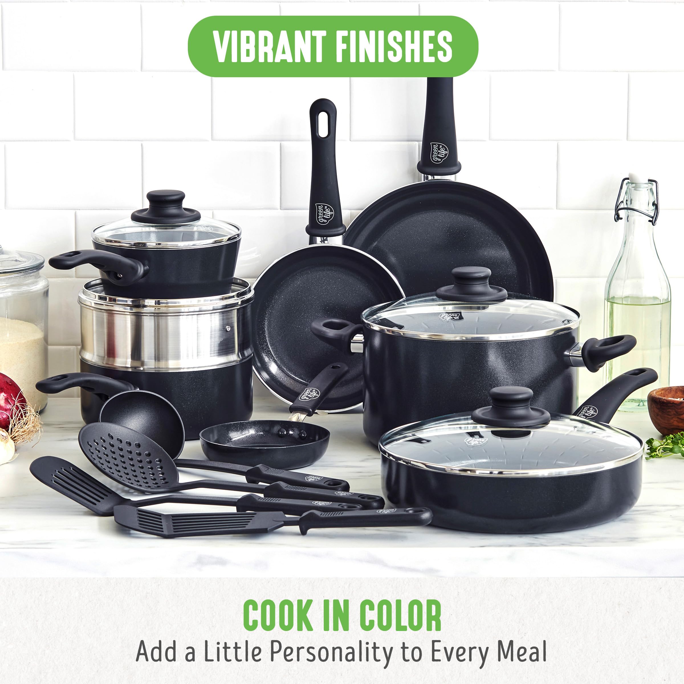 GreenLife Soft Grip 16-Piece Non-Toxic Ceramic Nonstick Cookware Set - PFAS-Free, Wobble-Free Design with Glass Lids & Stay-Cool Handles - Oven & Dishwasher Safe Frying Pan, Saucepan, Saute Pan & Utensils - Perfect for Healthy Cooking, Family Meals & Everyday Kitchen Use