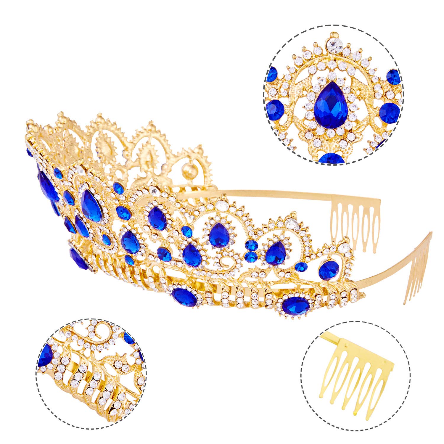 Vofler Gold Audrey Descendants Costume Royal Tiara with Crystal Sapphire - Elegant Blue Crown for Women, Queen, Bride, Princess - Perfect for Quinceañera, Birthday, Wedding, Pageant, Prom, Homecoming & Halloween Party Accessories
