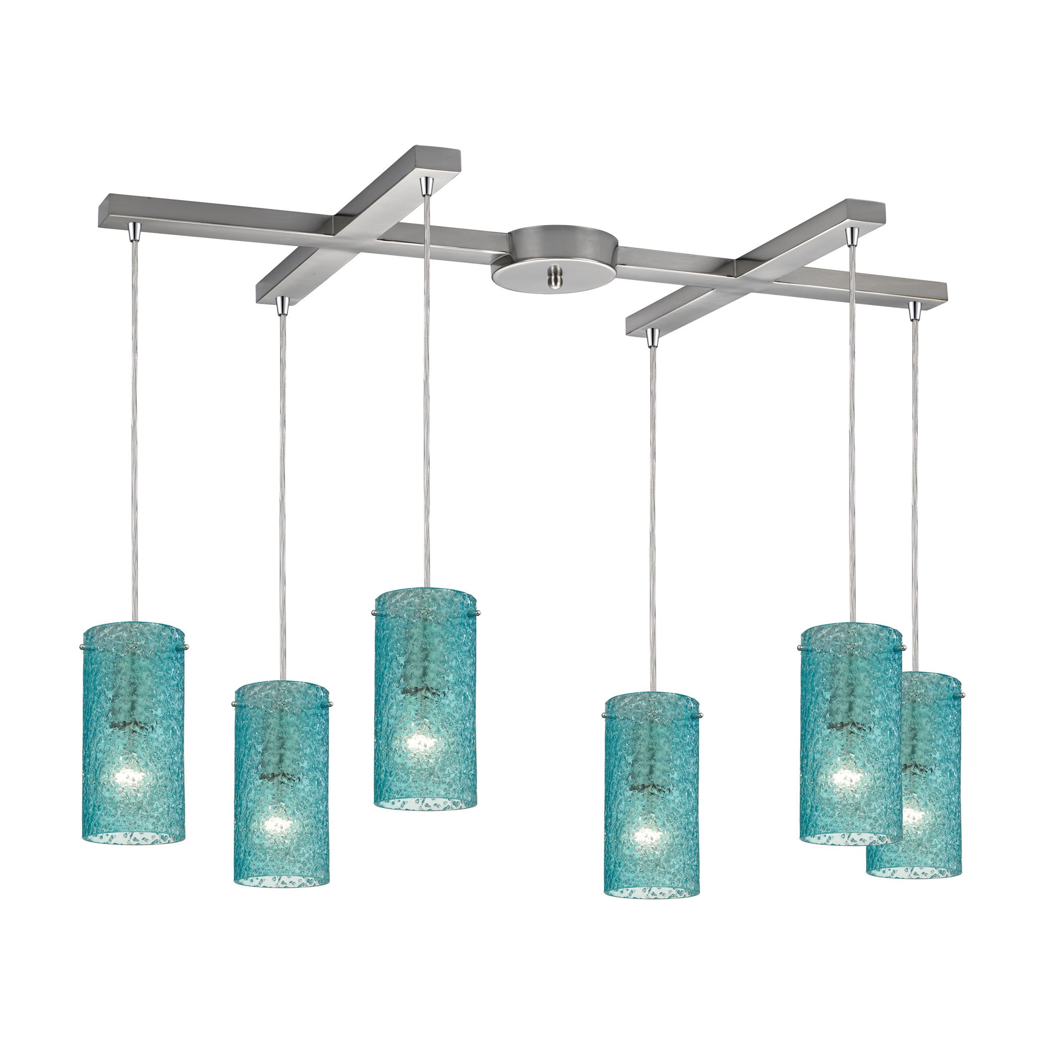 Satin Nickel 6-Light H-Bar Pendant Light Fixture with Aqua Glass Shades - Modern Ice Fragment Design for Dining Room, Kitchen Island & Entryway Lighting