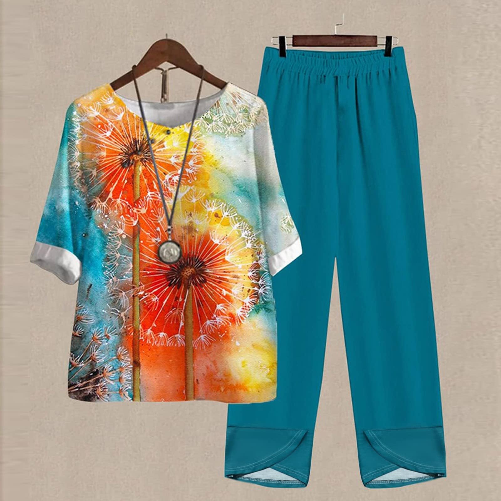 Stylish Women's 2-Piece Linen Outfit - Summer Casual Loose Fit Floral Shirt & Pants Set | Breathable Long Sleeve Tracksuit for Beach, Travel & Everyday Wear