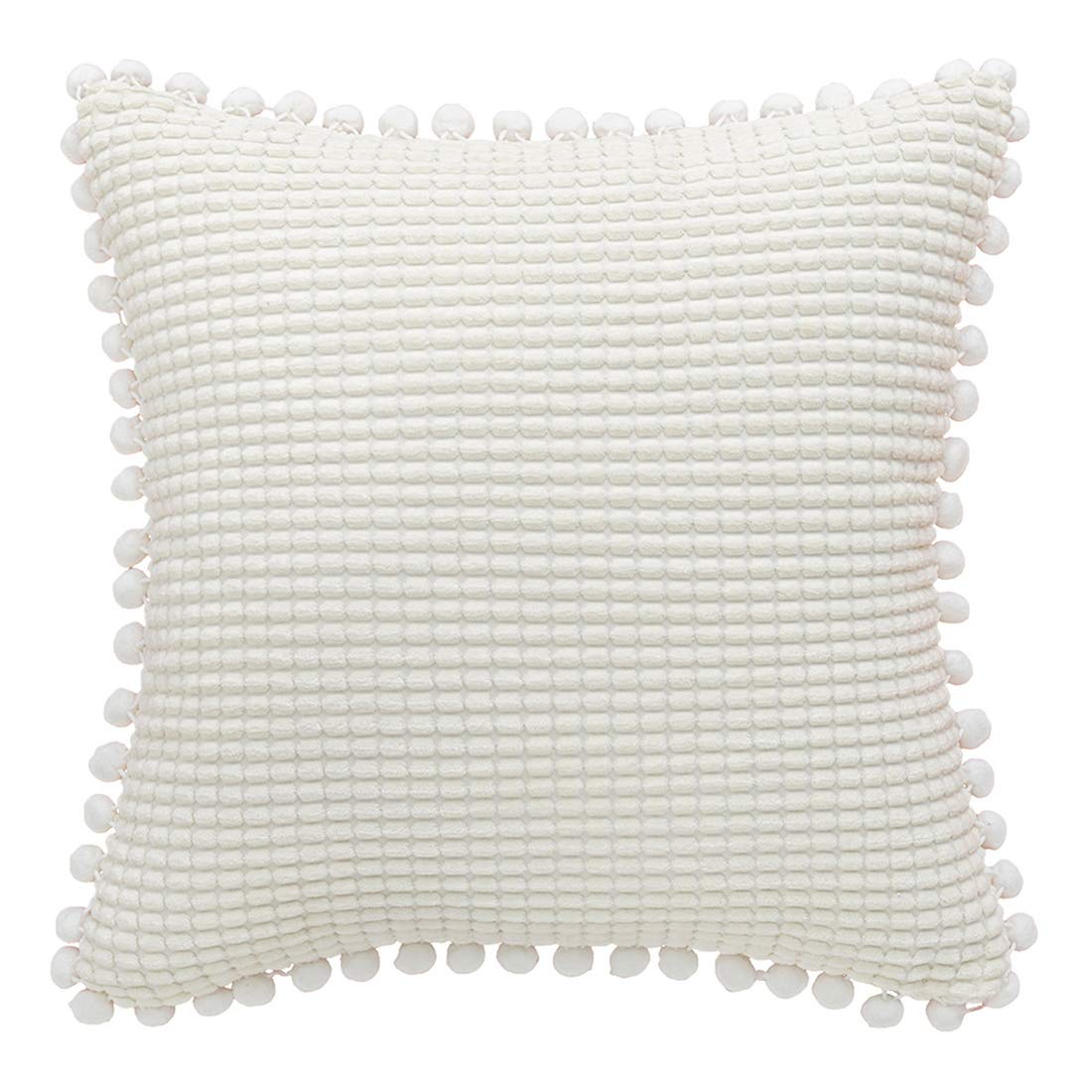 Boho Decorative Throw Pillow Covers 18x18 Inch - Soft Corduroy with Pom Poms Accent, Solid Square Cushion Case for Couch, Sofa, Bed & Chair - Perfect for Boho Home Decor, Living Room & Bedroom Styling (White)