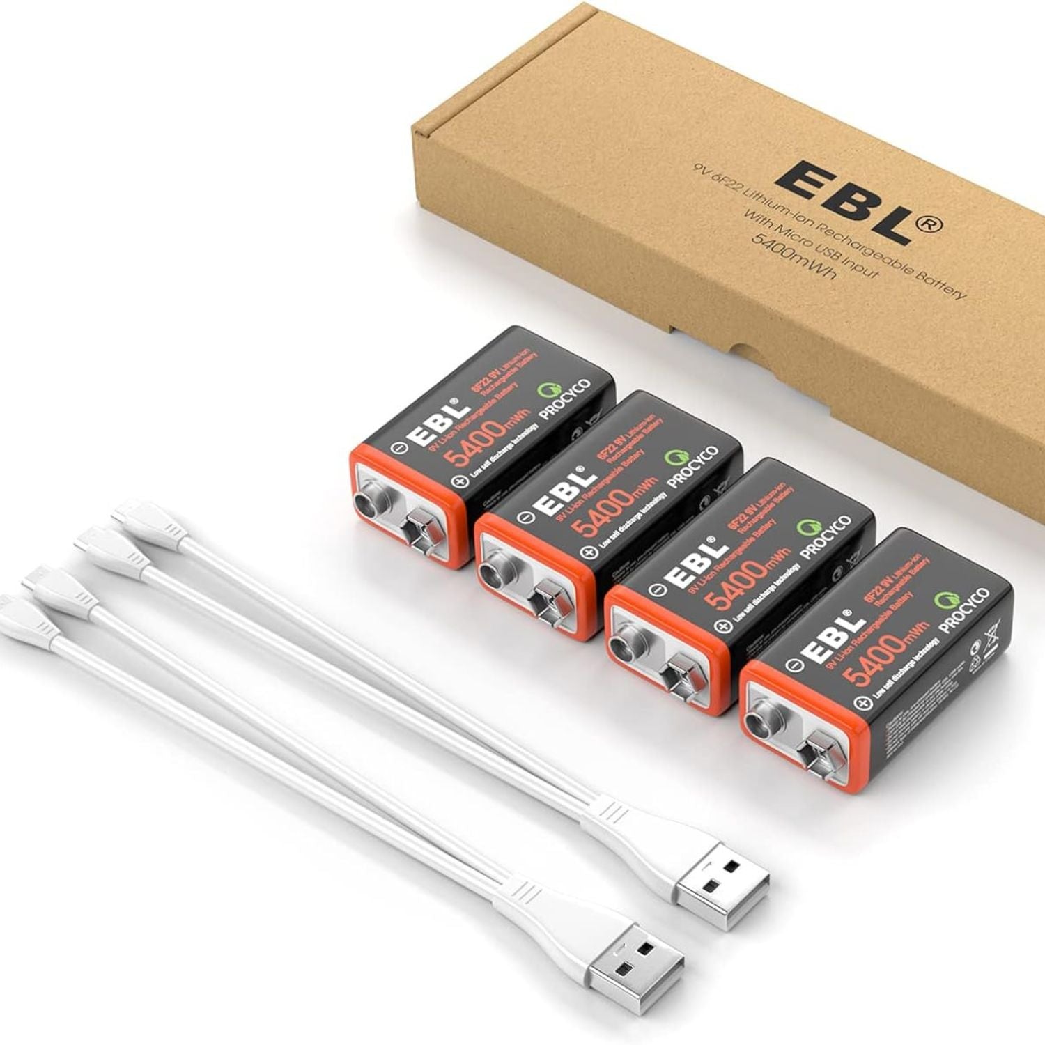 EBL USB Rechargeable 9V Lithium Battery 5400mWh with Charging Cable - High Capacity Long Lasting Power for Guitar Pedals, Smoke Detectors & Medical Devices