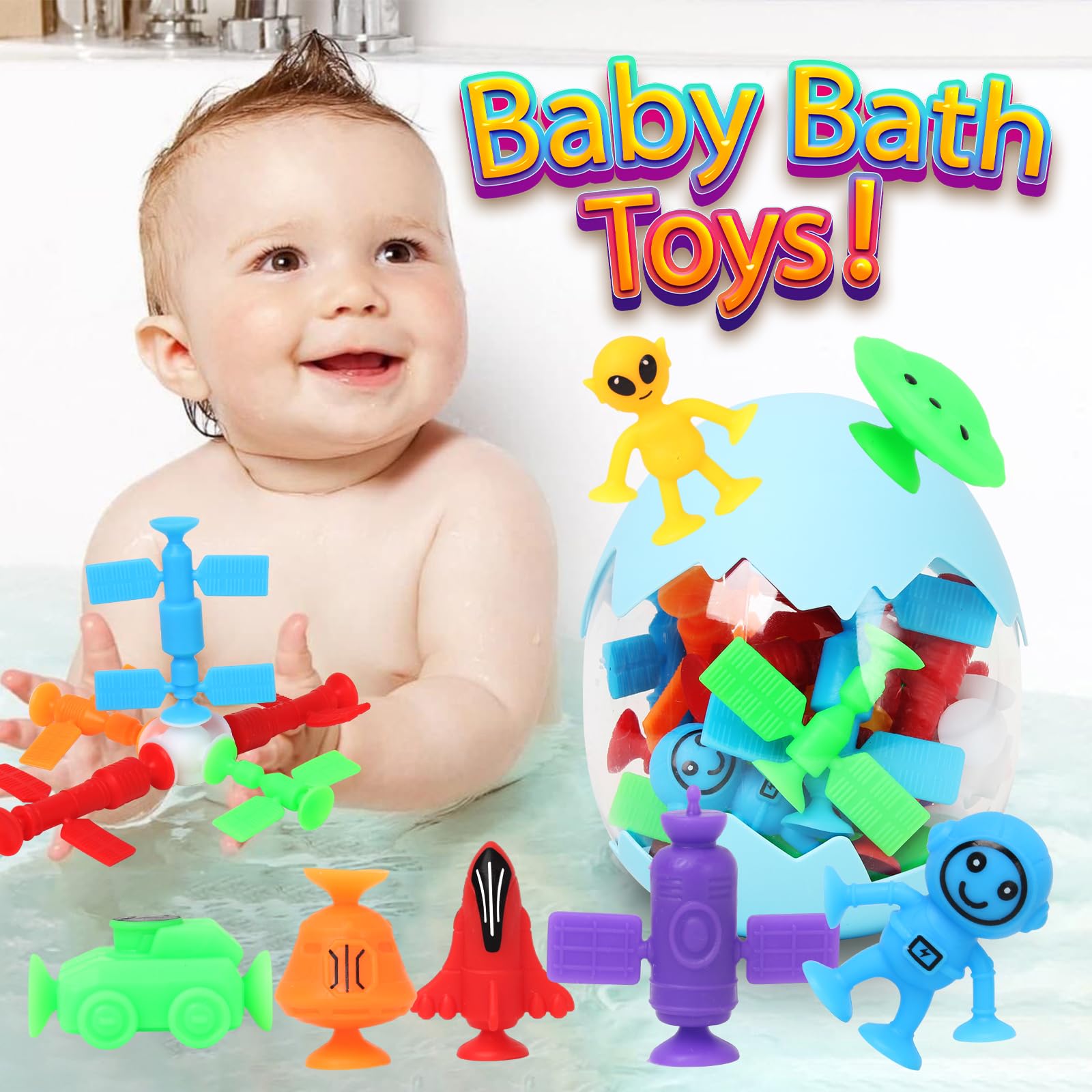 20-Piece Outer Space Bath Toys for Kids - No Hole Sensory Suction Cup Toys with Eggshell & Storage Bag, Fun Building Window Play for Toddlers Boys & Girls Ages 3-6 - Perfect for Bathtime Fun & Early Learning Development
