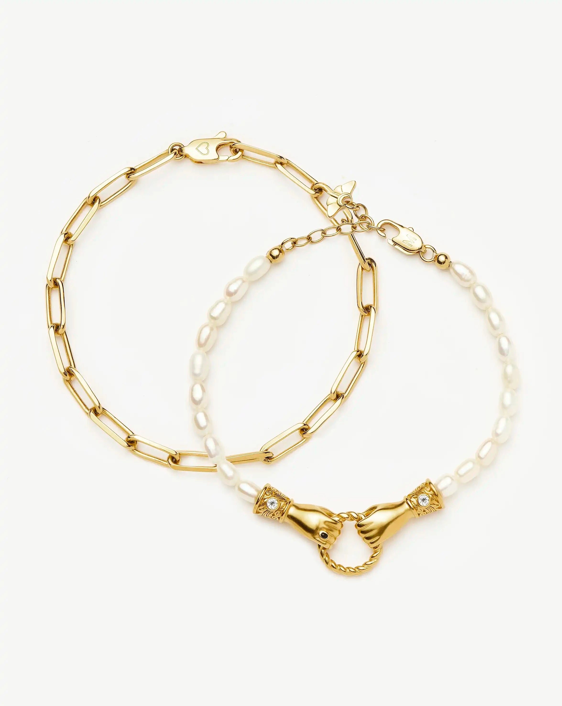 In Good Hands Pearl & Chain Bracelet Set - 18k Gold Plated Pearl & Black Onyx Jewelry for Women | Elegant Gift for Birthday, Anniversary & Special Occasions
