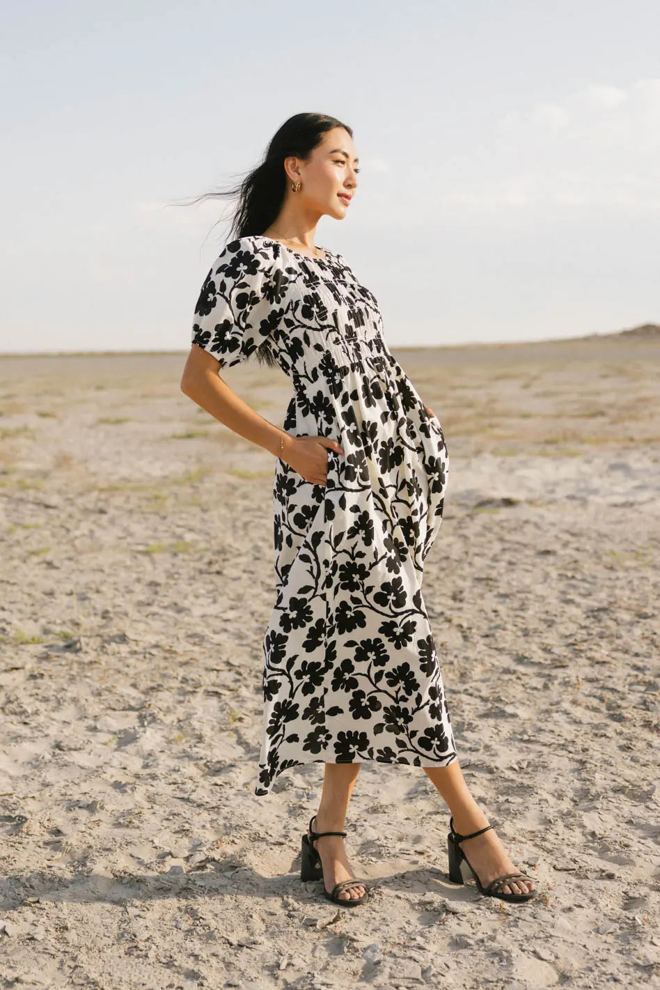 Marnie Smocked Midi Dress for Women - Floral Summer Dress with Puff Sleeves & Elastic Waist | Perfect for Beach Vacations, Garden Parties & Date Nights