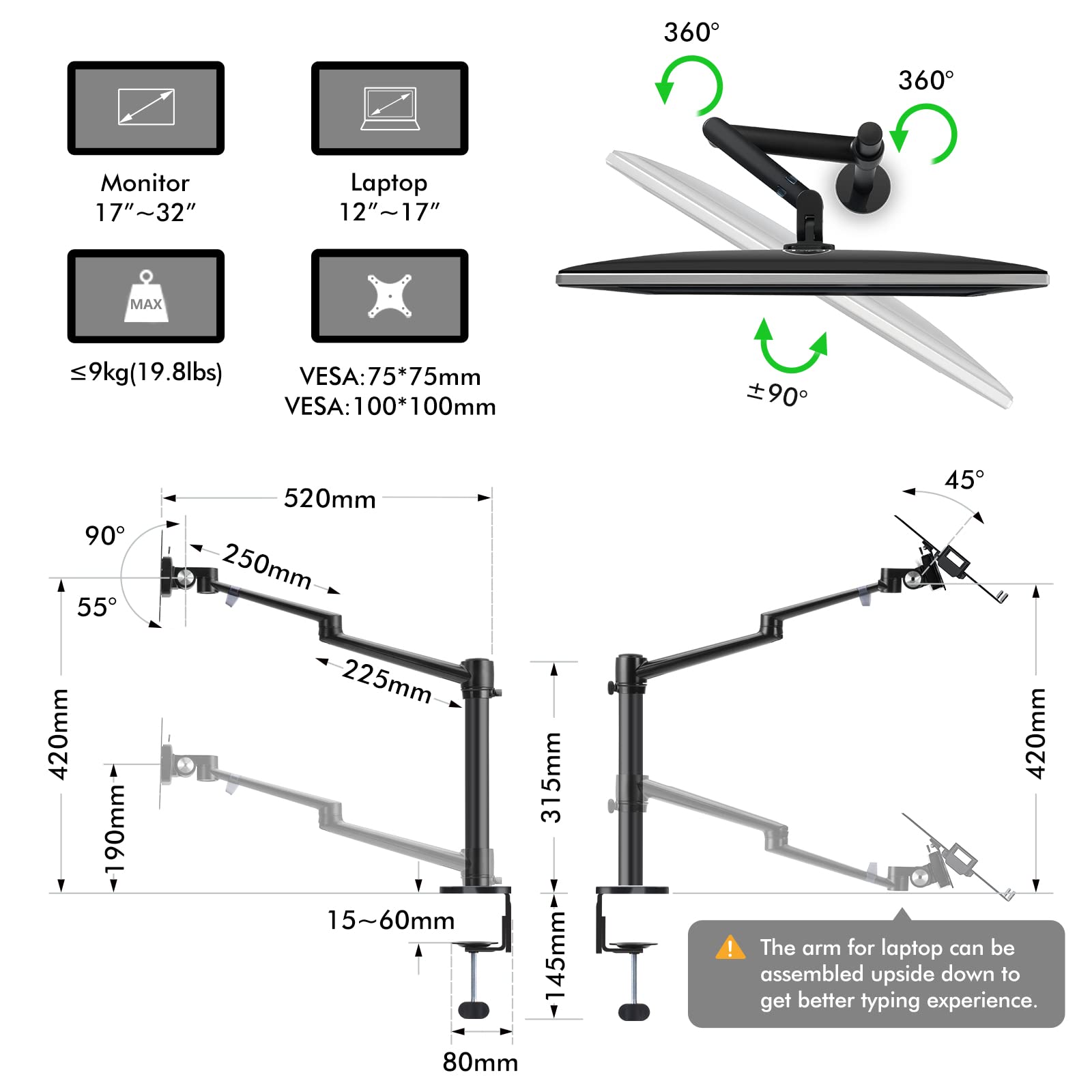 Viozon Dual Monitor and Laptop Mount Stand - Adjustable 2-in-1 Desk Clamp for 17-32 inch LCD Screens with Bonus Laptop Tray (12-17 inch) - Ergonomic Home Office & Gaming Setup (Black)