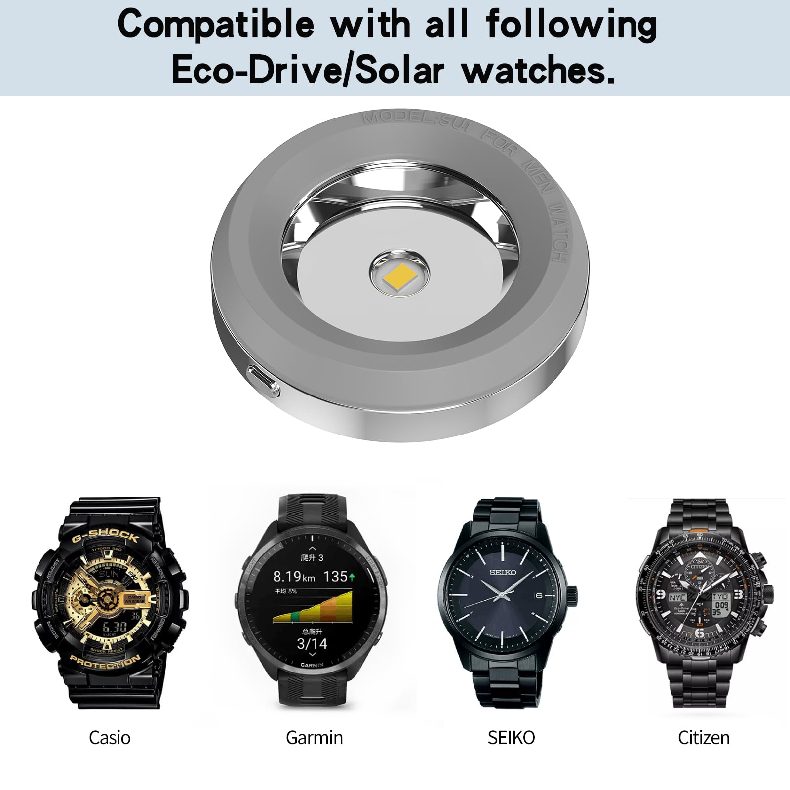 Solar Watch Charger - Fast Charging Metal Base with 9-Hour Timer & Heat Dissipation | Portable Solar Power Charger for Casio, Citizen, Seiko, Garmin Solar Watches | Perfect for Outdoor Activities, Travel & Daily Use (Silvery)