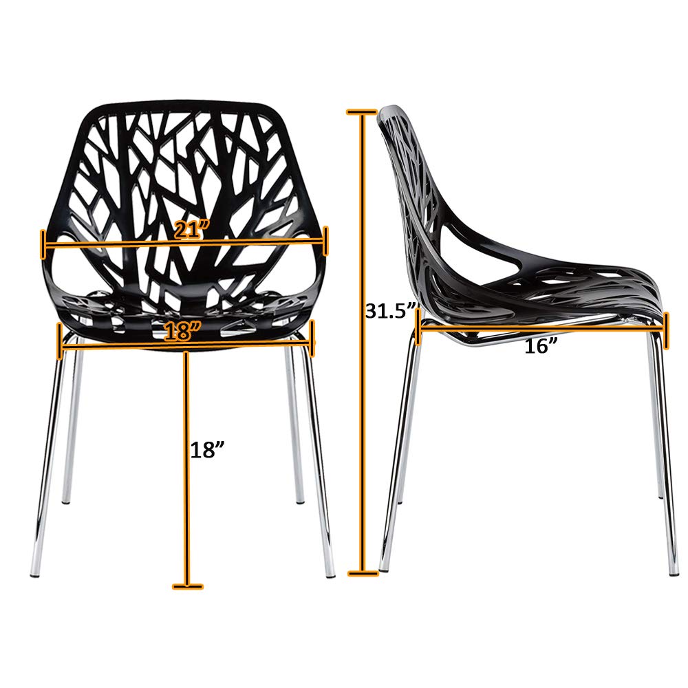 Bonnlo Modern Stackable Dining Chairs Set of 4 - Black Plastic Birch Sapling Chairs for Dining Room, Living Room, Office | Space-Saving Stackable Design Perfect for Small Spaces, Kitchens, and Multi-Purpose Rooms