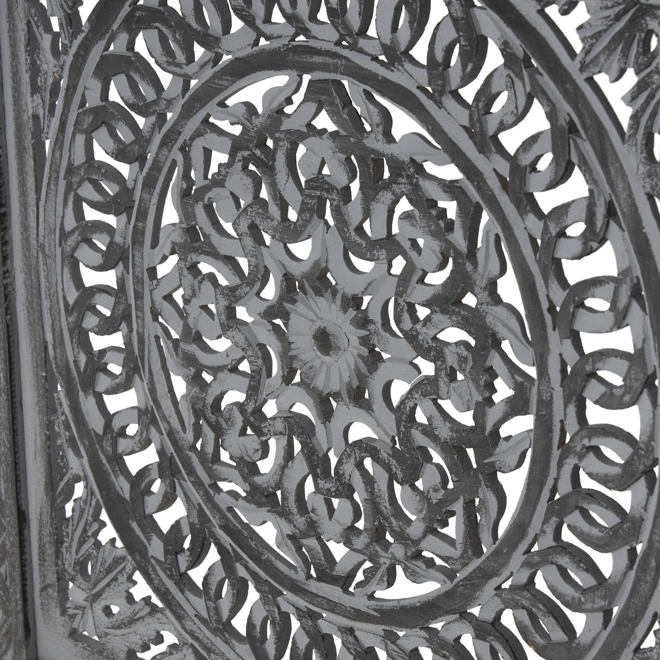 Handmade Wooden Floral Room Divider Screen - 3-Panel Foldable Privacy Partition with Intricate Carvings, 60
