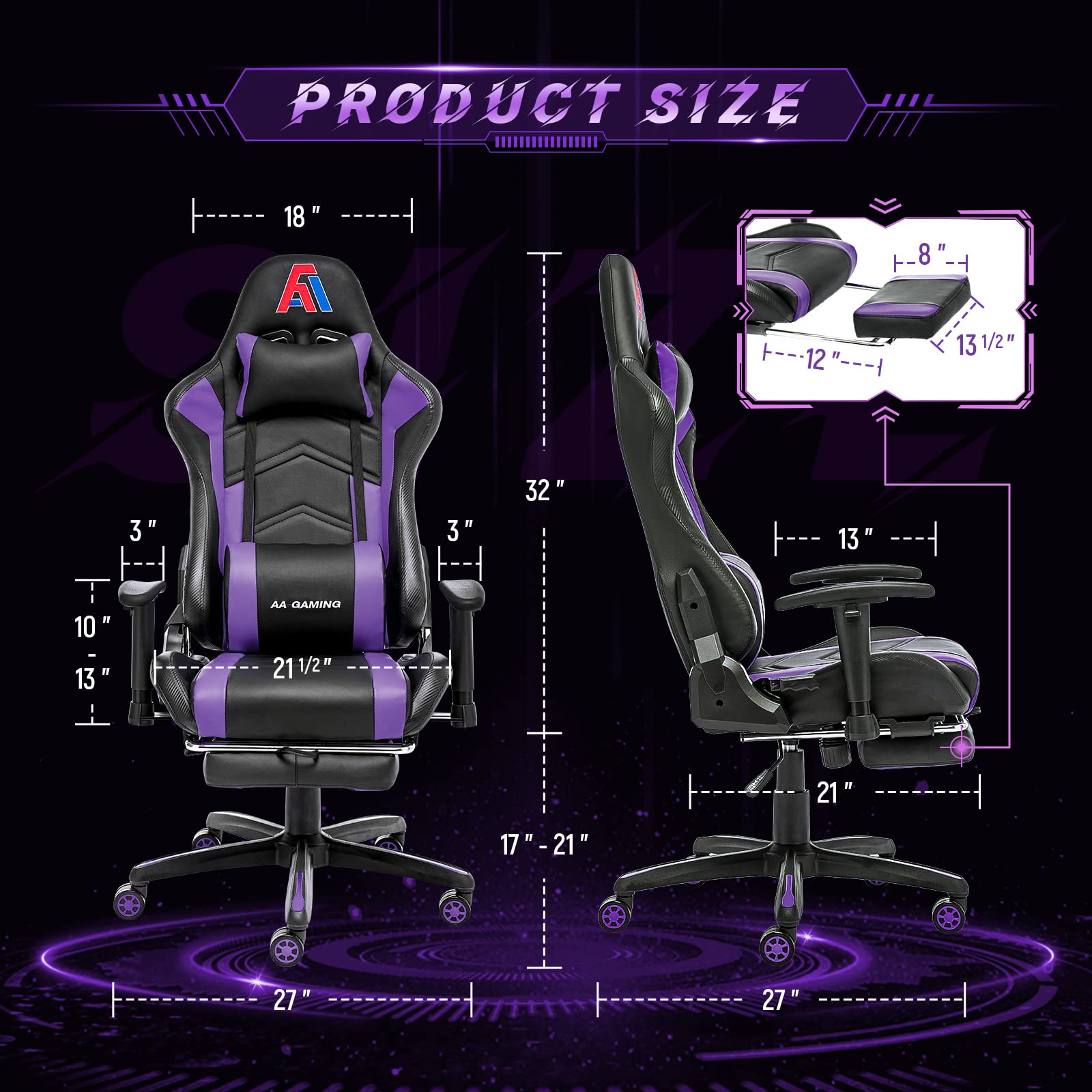 AA Products Ergonomic Gaming Chair - High Back Racing Style Computer Chair with Adjustable Lumbar Support, Footrest & 360° Swivel (Black-Purple) - Perfect for Esports, Streaming & Home Office Workstations