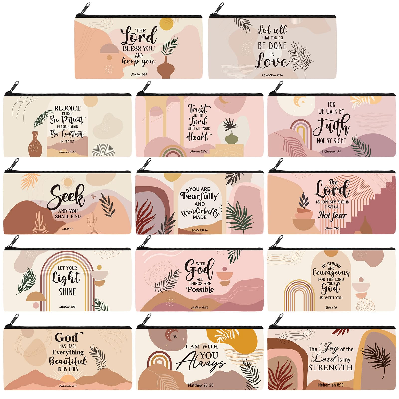 Talltalk 14-Piece Christian Cosmetic Bags Set for Women - Inspirational Bible Verse Makeup Pouches, Motivational Religious Gifts, Travel & School Pencil Cases - Perfect for Graduation, Birthday Party Favors & Church Events (Boho Style)