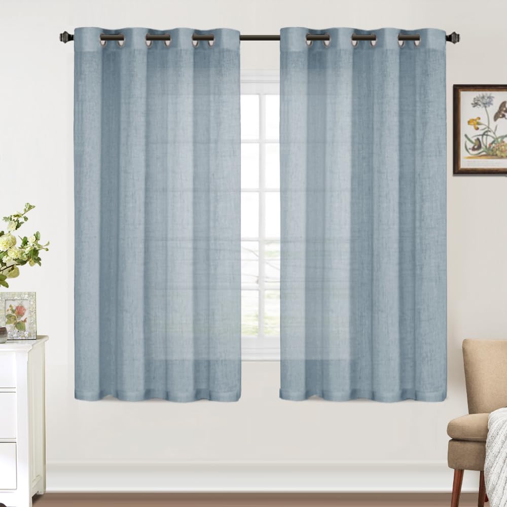 FantasDecor 63 Inch Linen Sheer Curtains - Light Filtering Privacy Drapes with Grommet Top, Set of 2 Panels for Bedroom Living Room Farmhouse Decor, Stone Blue - Perfect for Windows, Porch & Home Decor