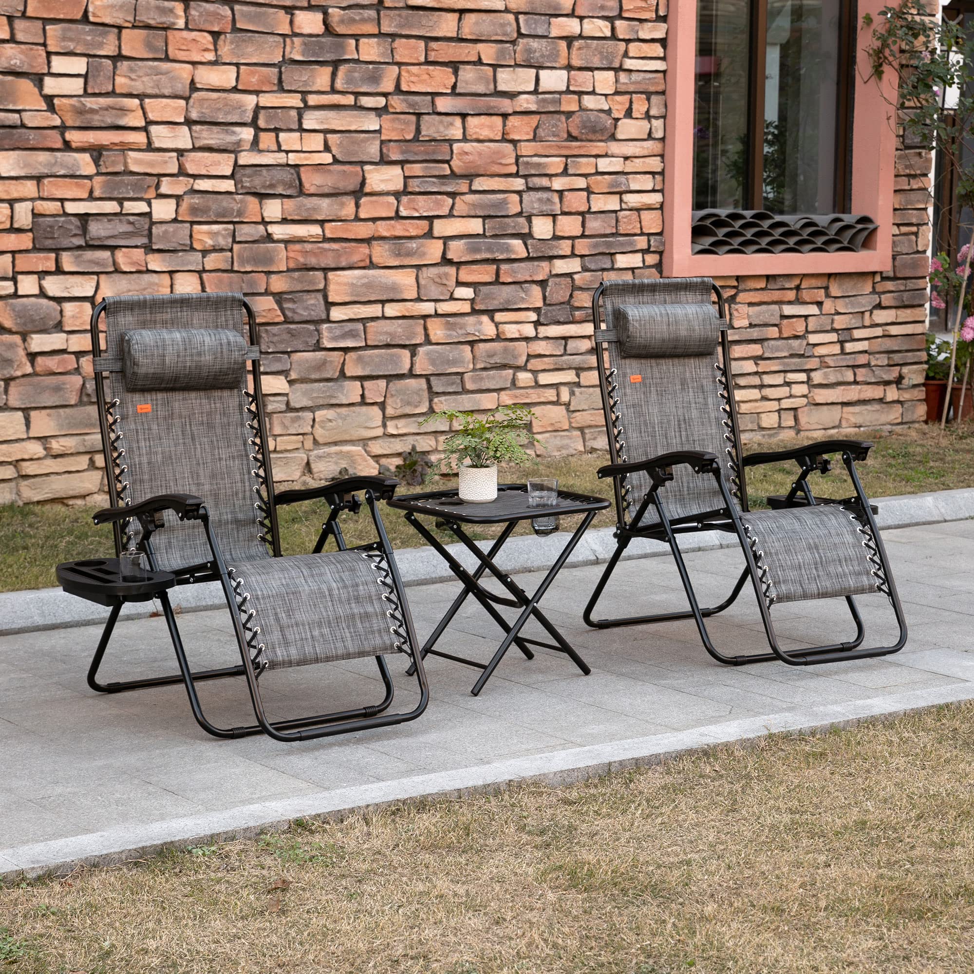Outsunny Zero Gravity Chair Set with Side Table - Folding Reclining Lounge Chair with Cup Holders & Pillows - Adjustable Patio Chair for Pool, Backyard, Lawn, Beach - Perfect for Relaxing, Sunbathing & Outdoor Lounging (Gray)