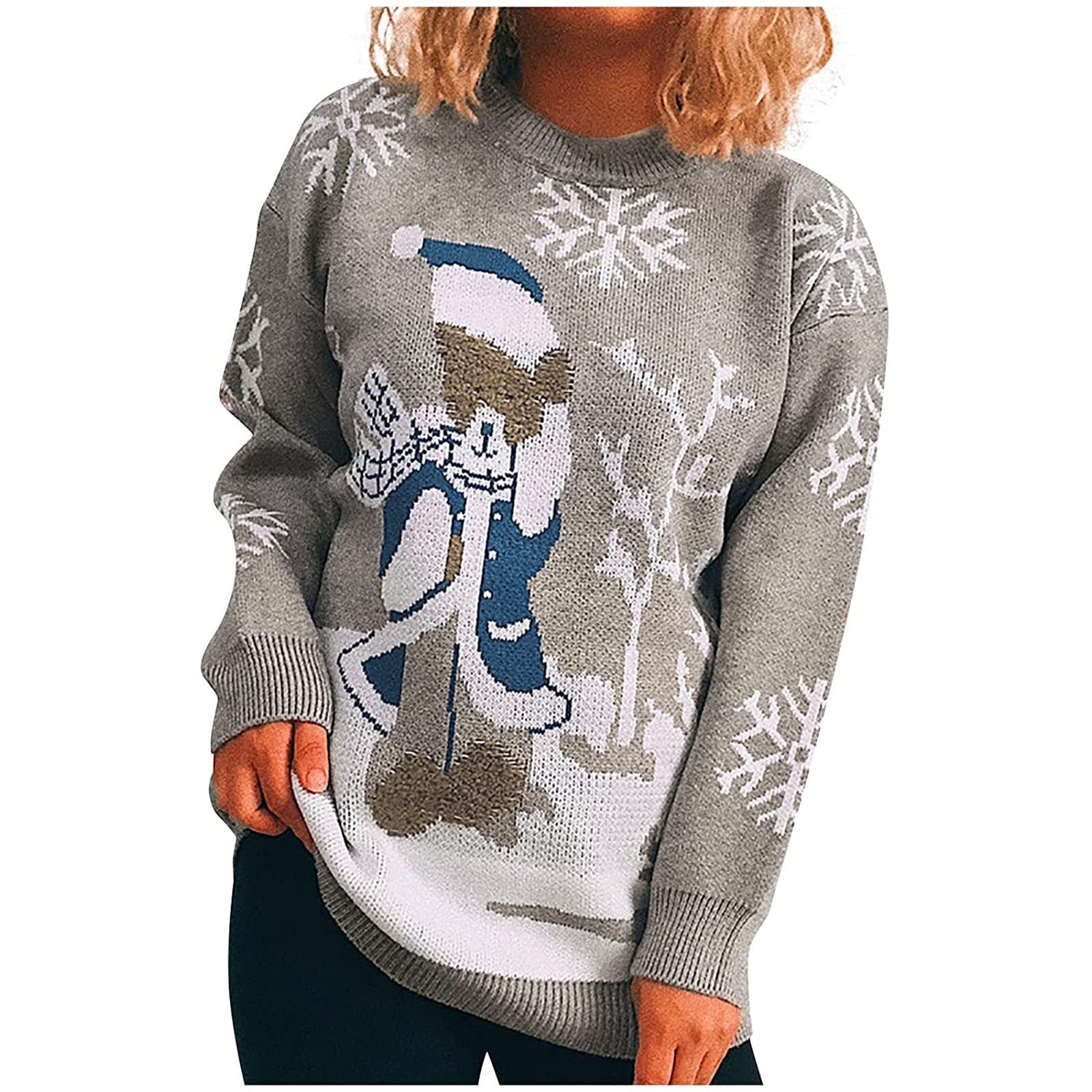 Women's Christmas Print Round Neck Long Sleeve Sweater Tops Blouse - Cozy Winter Pullover for Holiday Parties & Casual Outfits #U7961
