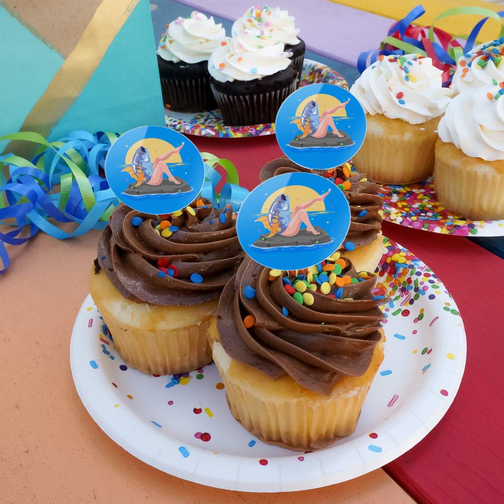 Reverse Mermaid with Tuna Head Cupcake Toppers - Set of 6 Whimsical Dessert Decorations for Birthday Parties, Baby Showers & Themed Events