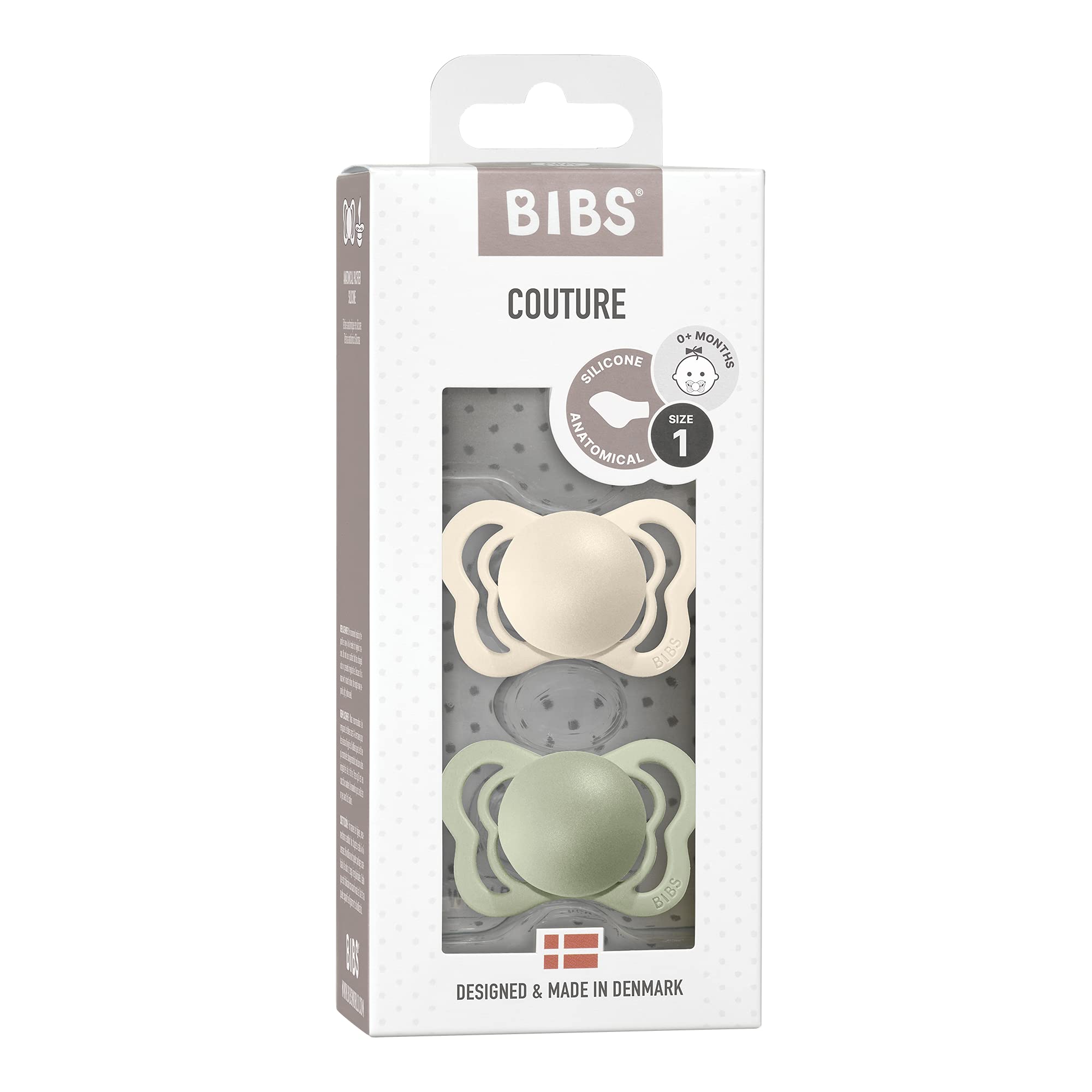 BIBS Couture Pacifiers 2-Pack, BPA-Free, Orthodontic Shape, Silicone, Made in Denmark for Babies 0-6 Months (Ivory/Sage) – Perfect for Soothing Newborns and Promoting Healthy Oral Development