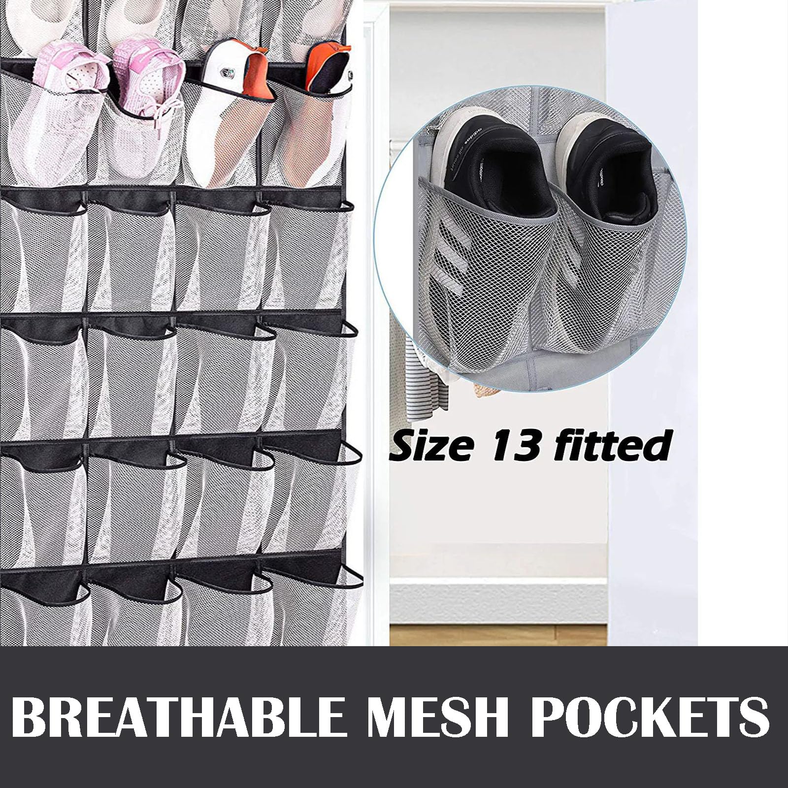 Over the Door Shoe Organizer - 24 Pocket Clear Mesh Hanging Shoe Storage for Closet, Entryway & Cabinet - Space Saving Breathable Wall Holder for Sneakers, Sandals & Boots | Perfect for Small Apartments, Dorm Rooms & Organized Home Storage