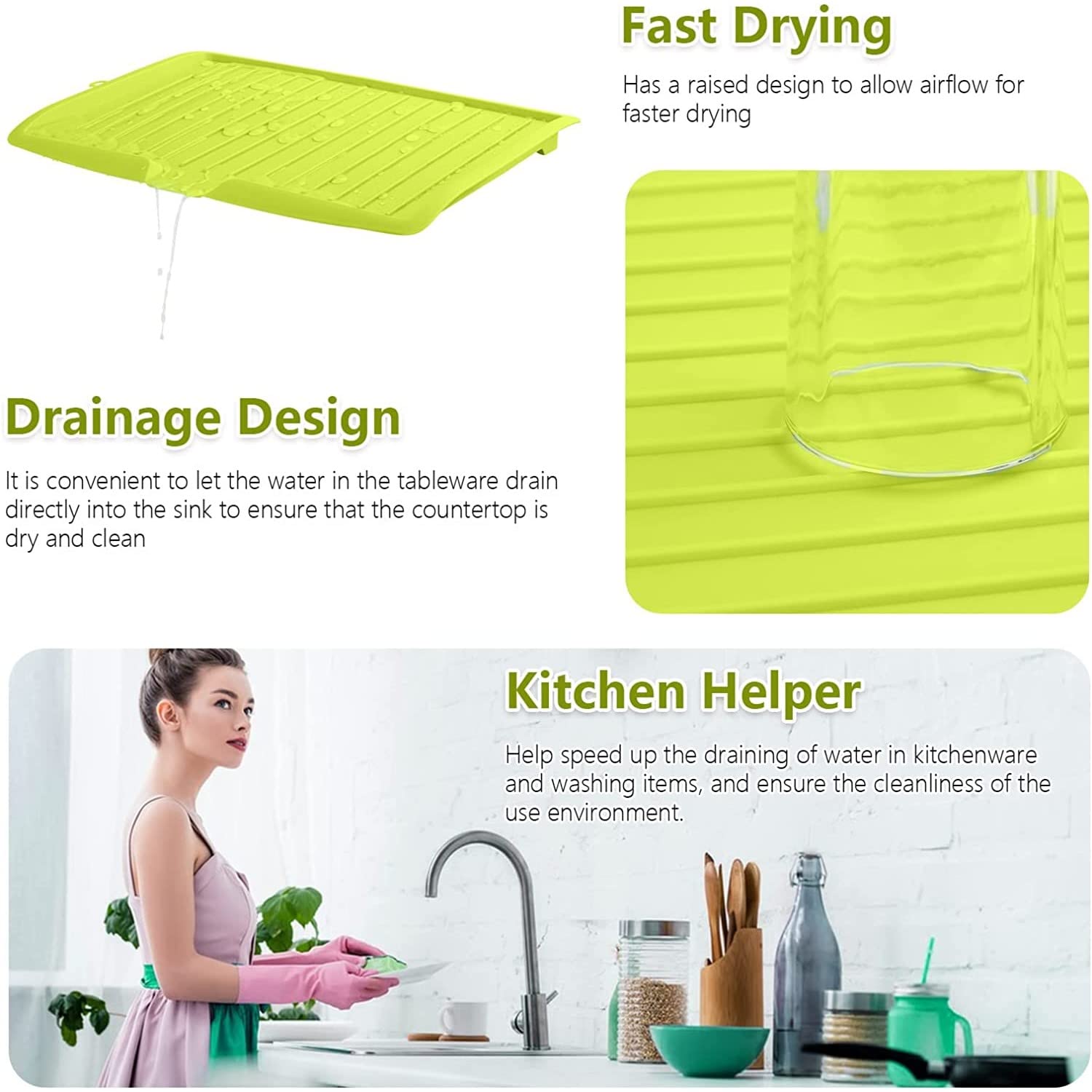 Leeonz Large Plastic Dish Drainer - Green Sink Drying Rack for Kitchen Organization & Space Saving