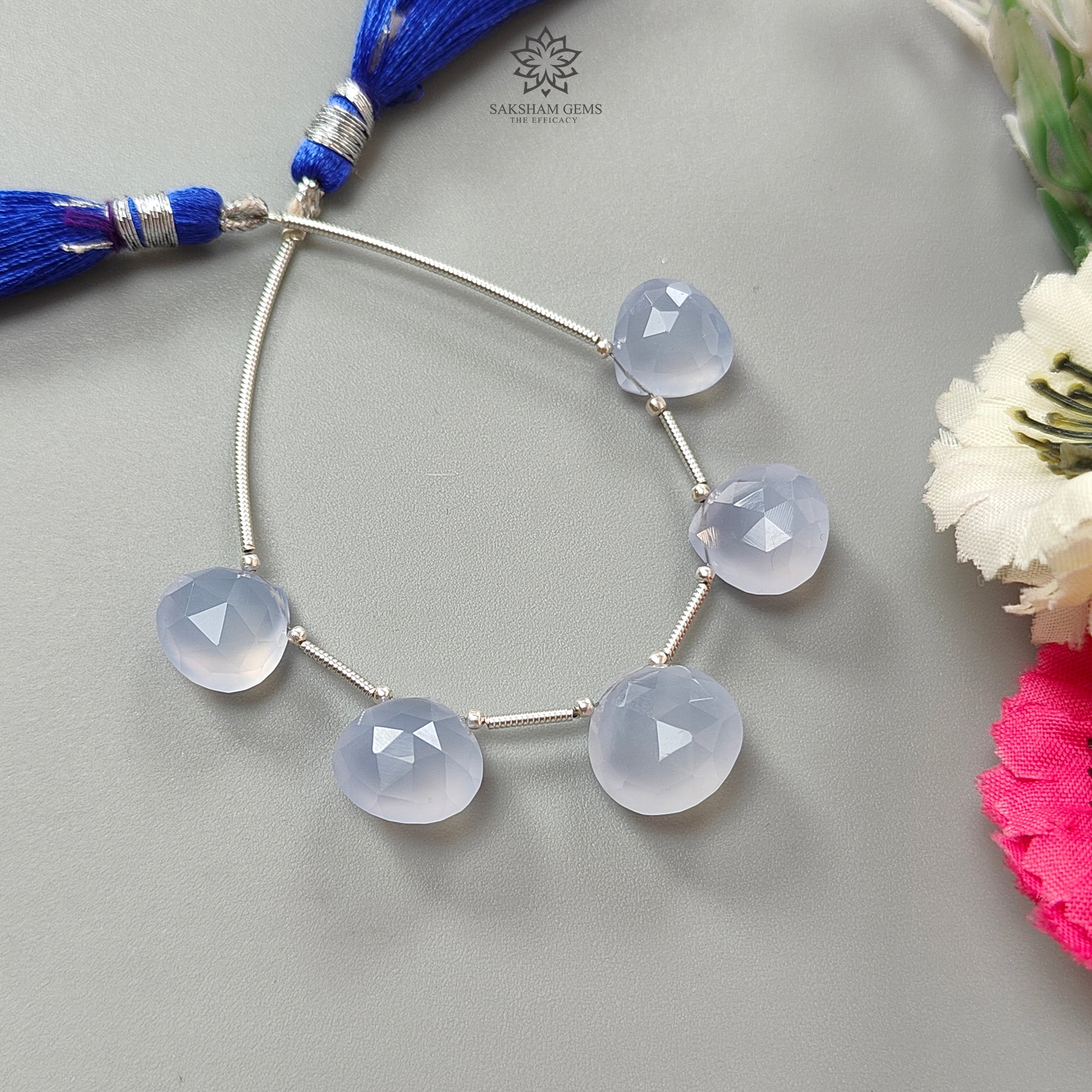 Natural Blue Chalcedony Faceted Loose Beads - 32.00cts Untreated Gemstone, 925 Silver Heart Checker Cut Briolette (11mm-13mm) for Jewelry Making, DIY Crafts & Healing Crystal Collection
