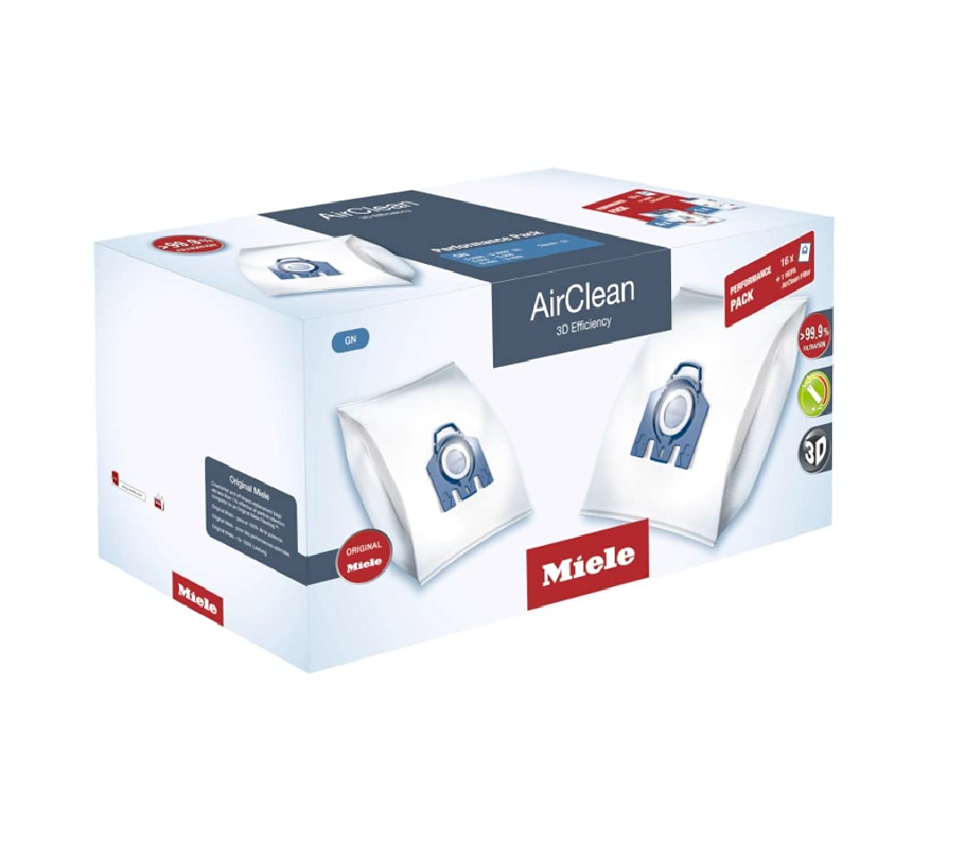 Miele Performance Pack AirClean 3D GN Vacuum Cleaner Bags - 16 Bags + 1 HEPA Filter | Compatible with Miele Canister Vacuums | Ideal for Pet Hair, Allergies & Deep Cleaning