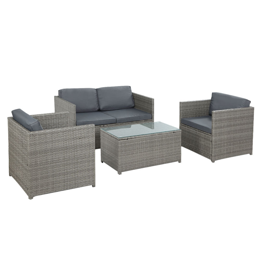 4 Piece Outdoor Patio Sofa Set - Waterproof Wicker Couch & Lounge Chairs with Grey Cushions - Perfect for Backyard, Garden, Poolside or Deck Relaxation