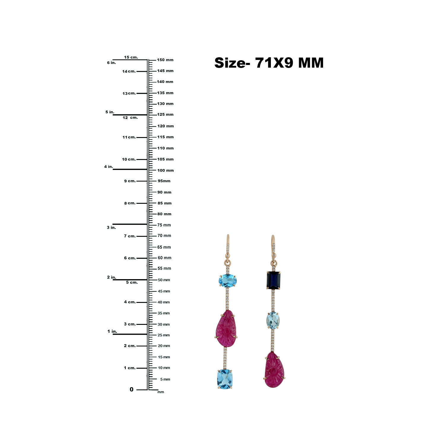 18K Rose Gold Carved Ruby Blue Topaz Iolite Pave Diamond Drop Ear Hook Earrings - Elegant Dangling Jewelry for Parties, Weddings & Special Occasions