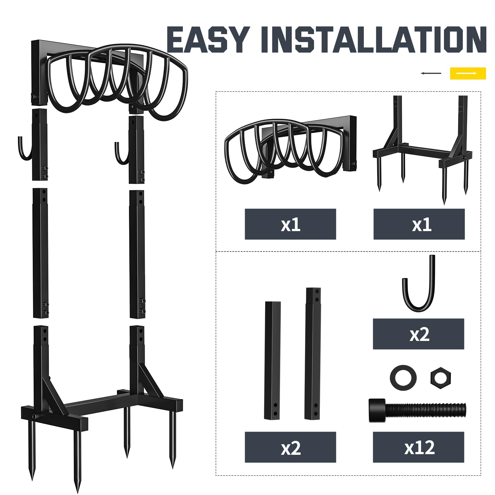 Heavy Duty Metal Garden Hose Holder with 4 Spikes & 2 Tool Hooks - Freestanding Outdoor Hose Reel Stand, Detachable Water Hose Storage Rack for Lawn, Yard, and Gardening - Perfect for Organizing Garden Tools and Watering Equipment