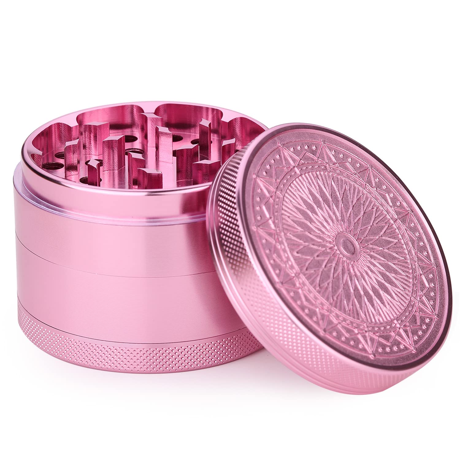 Premium Spespo 2.5 Inch (63mm) Aluminum Herb Grinder with Floral Design - 4 Piece Large Grinder with Pollen Scraper (Pink) - Perfect for Grinding Herbs, Spices & Tobacco at Home or On-The-Go