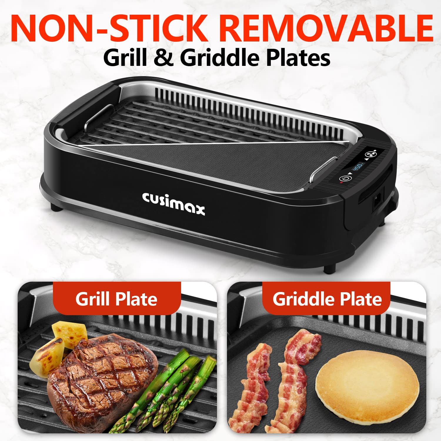 CUSIMAX 1500W Electric Smokeless Indoor Grill - Korean BBQ Griddle with LED Smart Display, Tempered Glass Lid & Non-Stick Removable Plates - Perfect for Home Cooking, Family Gatherings & Healthy Meals (Black)