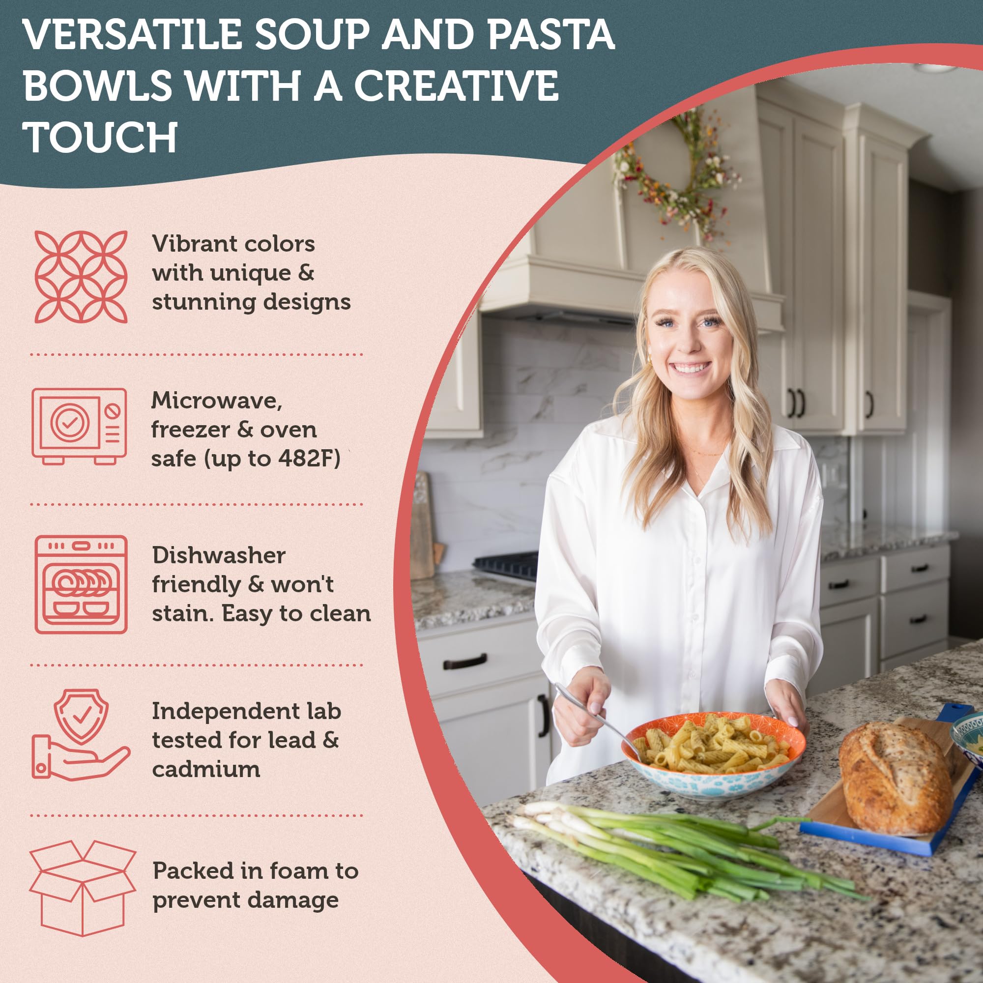 Annovero 42oz Pasta Bowls Set of 6 - Microwave & Dishwasher Safe Colorful Porcelain Soup & Salad Bowls for Kitchen & Dining