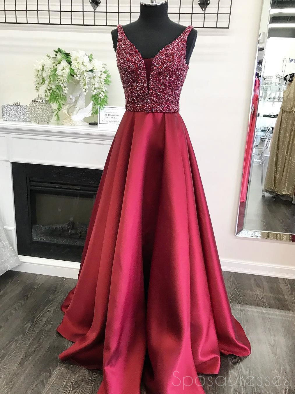 Elegant Dark Red Deep V-Neck Beaded A-Line Long Evening Prom Dress for Women | 2018 Popular Cheap Party Gown | Perfect for Formal Events, Homecoming, and Special Occasions