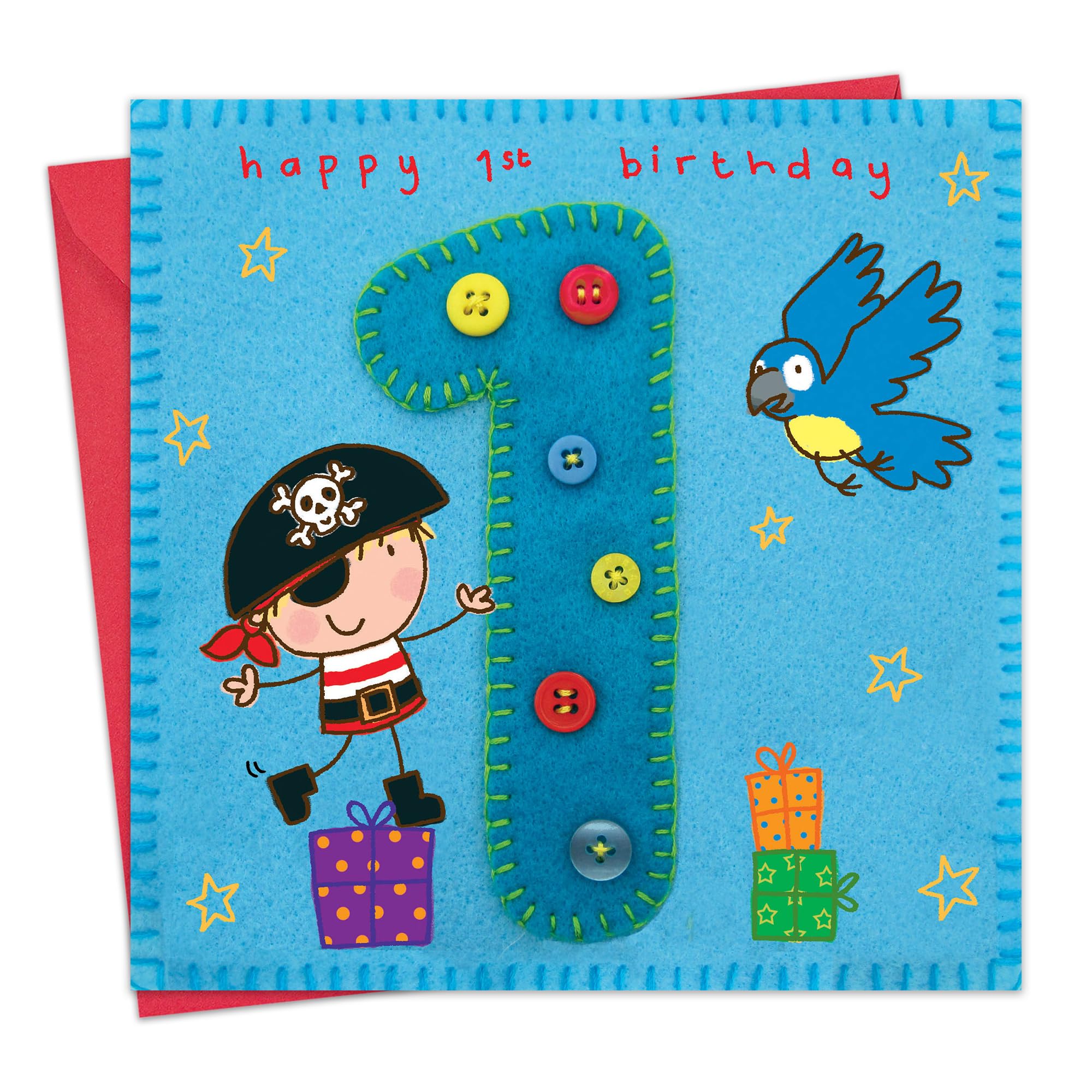 Twizler Pirate & Parrot 1st Birthday Card for Boys - One Year Old Age 1 - Kids Birthday Greeting Card - Perfect for Pirate Themed Parties & Baby Boy Celebrations