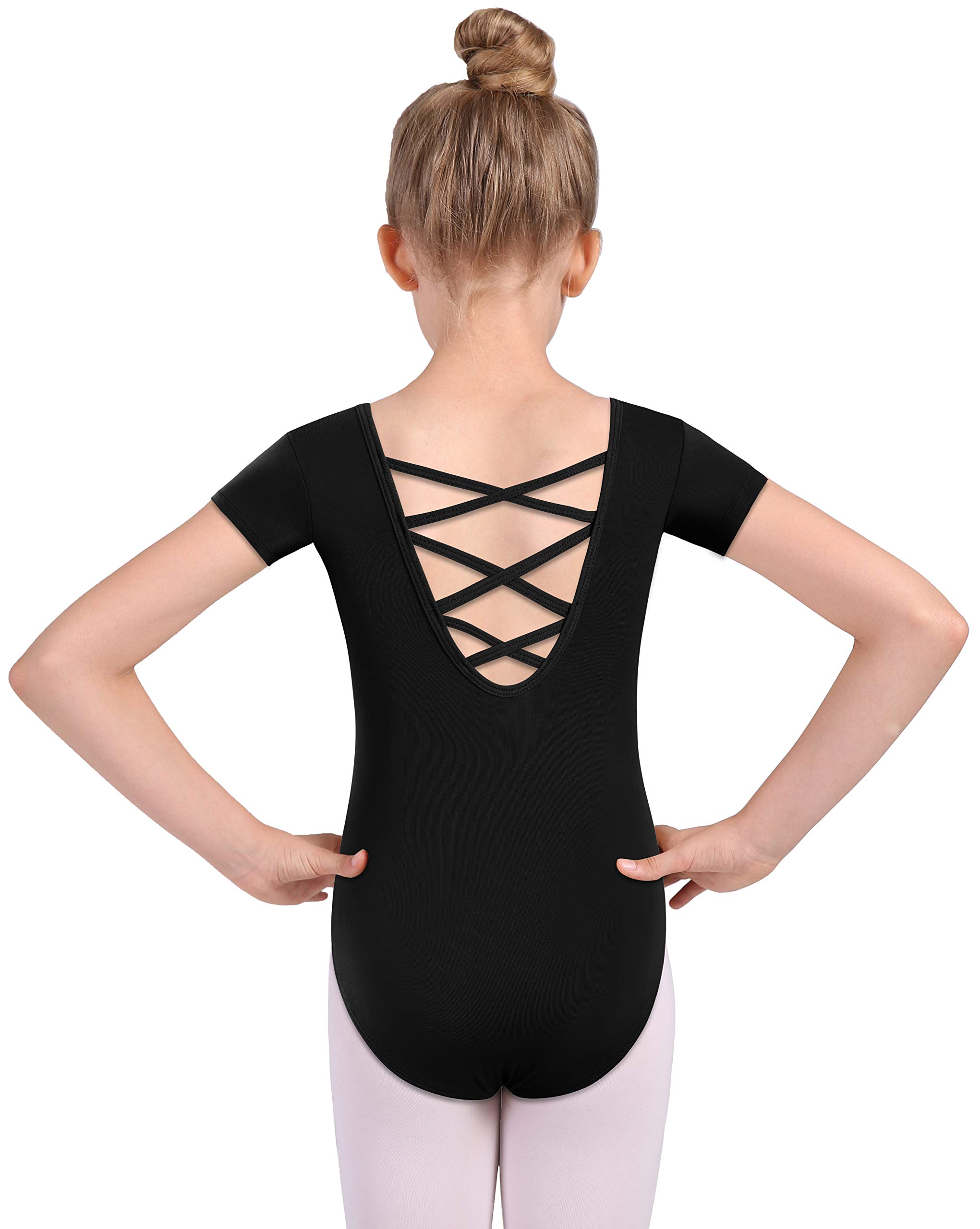 MOLLDAN Girls Ballet Leotard with Criss Cross Back - Short Sleeve Dance Leotards for Ballet, Jazz, Gymnastics & Performance - Comfortable Stretch Fabric for Young Dancers