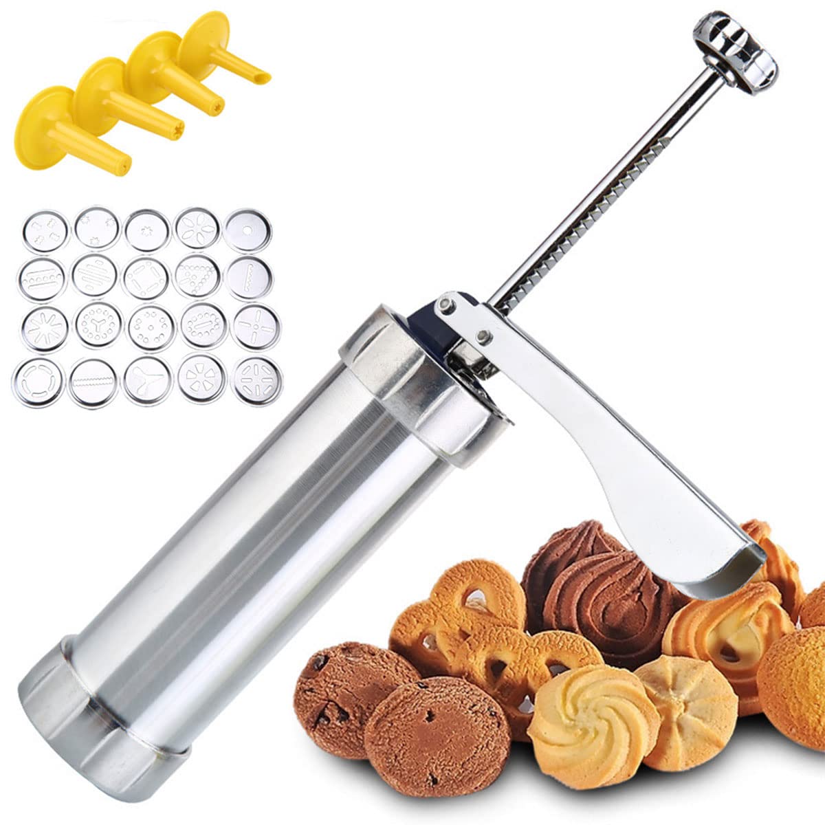 Stainless Steel Cookie Press Gun Kit - 20 Cookie Discs & 4 Nozzles for Baking, Biscuit Making, Churros & Dessert Decoration | Perfect for Home Baking, Holiday Cookies & DIY Party Treats