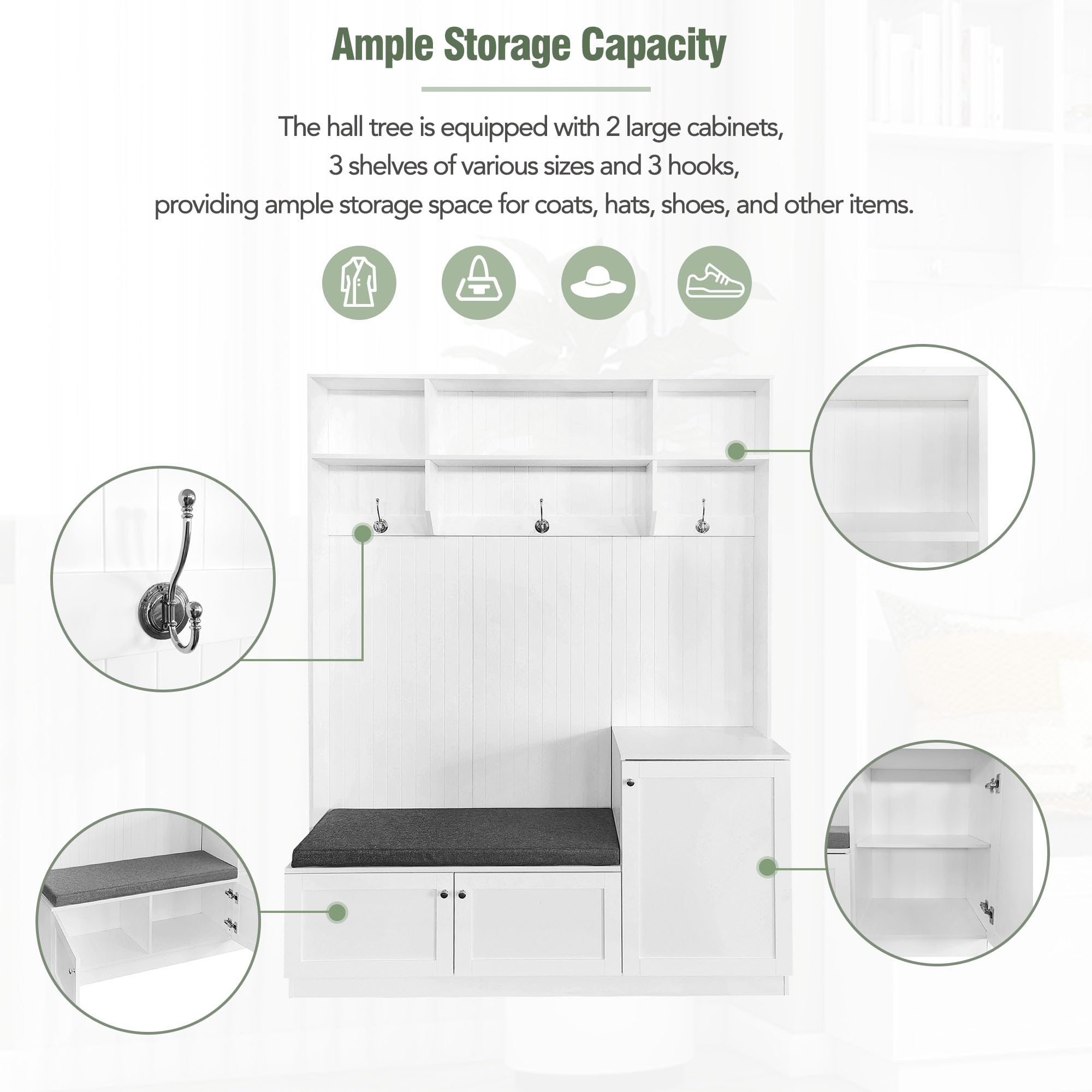 Merax White Hall Tree Coat Rack with Bench & Storage - Entryway Organizer, Shoe Cabinet for Living Room & Hallway - Perfect for Small Spaces, Apartments & Home Entry Organization