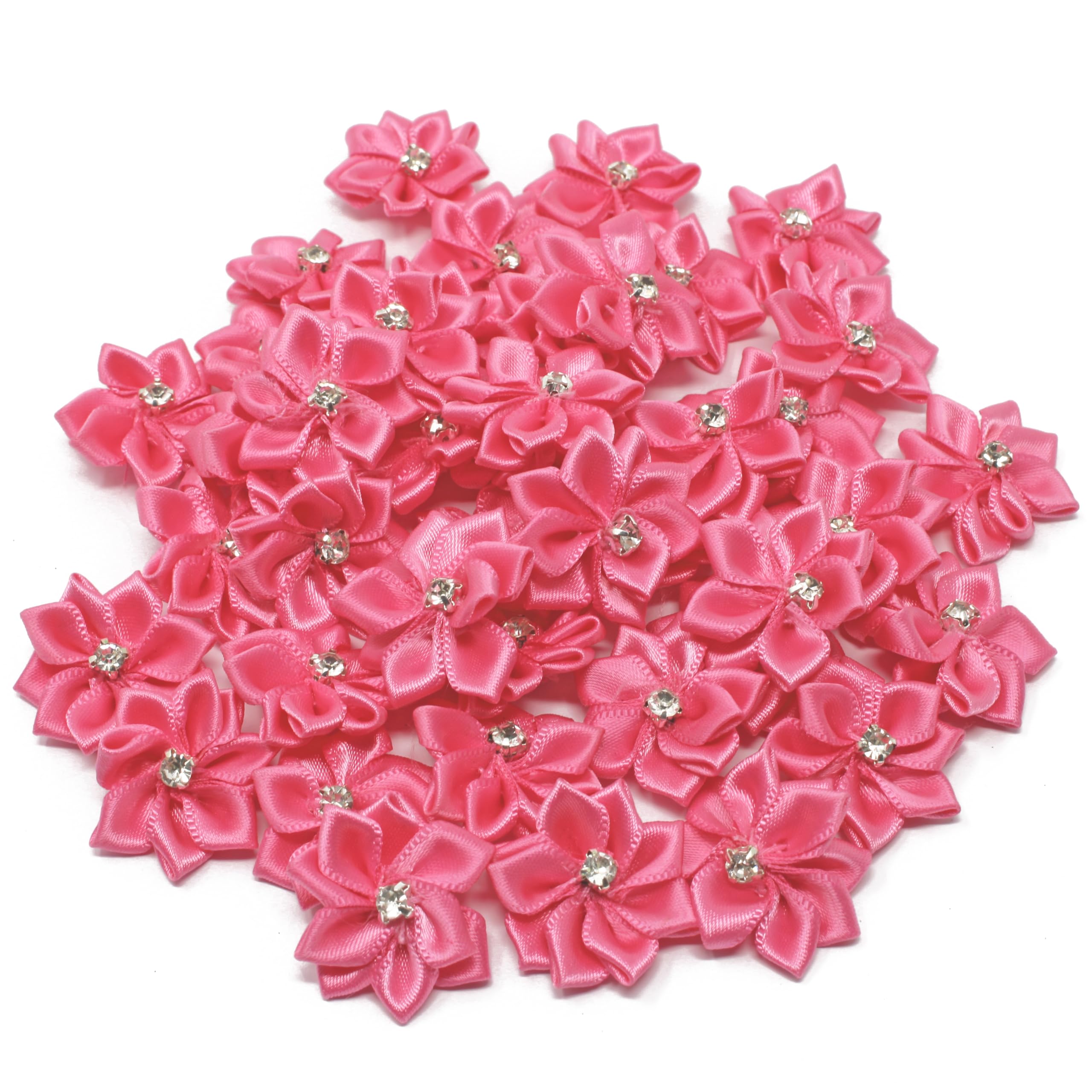 25mm Pink Satin Ribbon Flowers with Rhinestone Diamante Center - Pack of 10 for DIY Crafts, Wedding Bouquets, Hair Accessories & Gift Wrapping