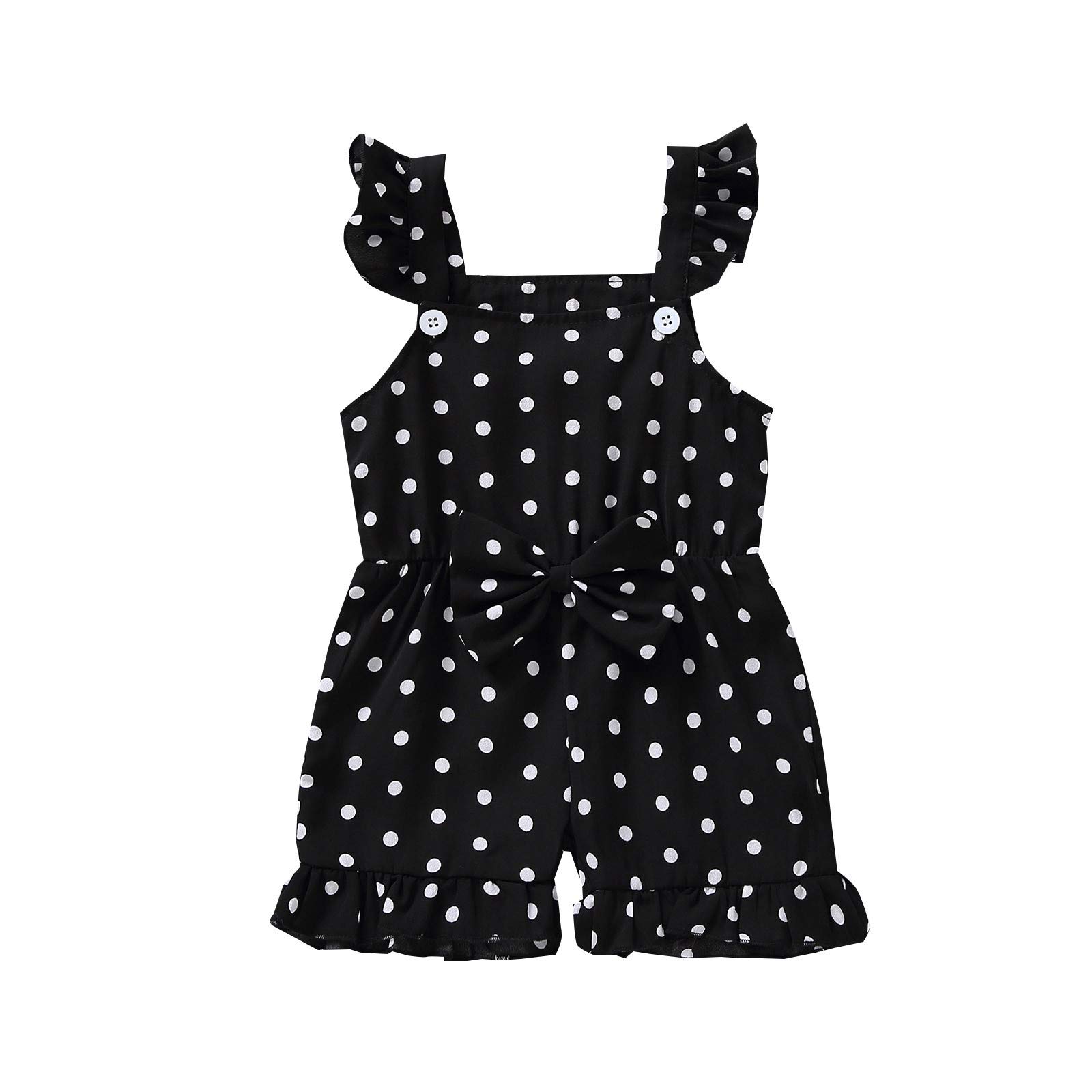 Cute Printed Romper for Toddler Girls - Ruffled Jumpsuit with Bowknot & Suspender Dots - Black Baby Girl Outfit for Playdates & Special Occasions