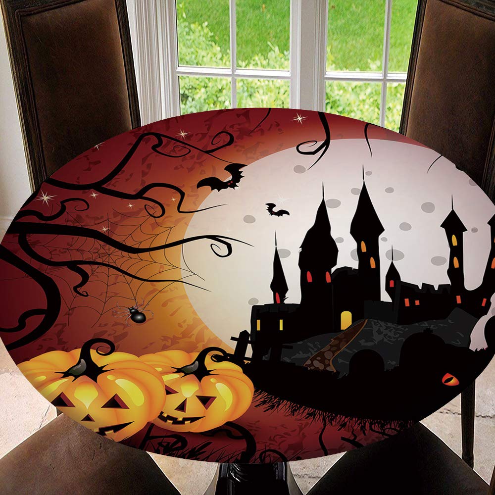 Elastic Edged Waterproof Round Table Cover - Halloween Pumpkin Design Tablecloth (Fits 43