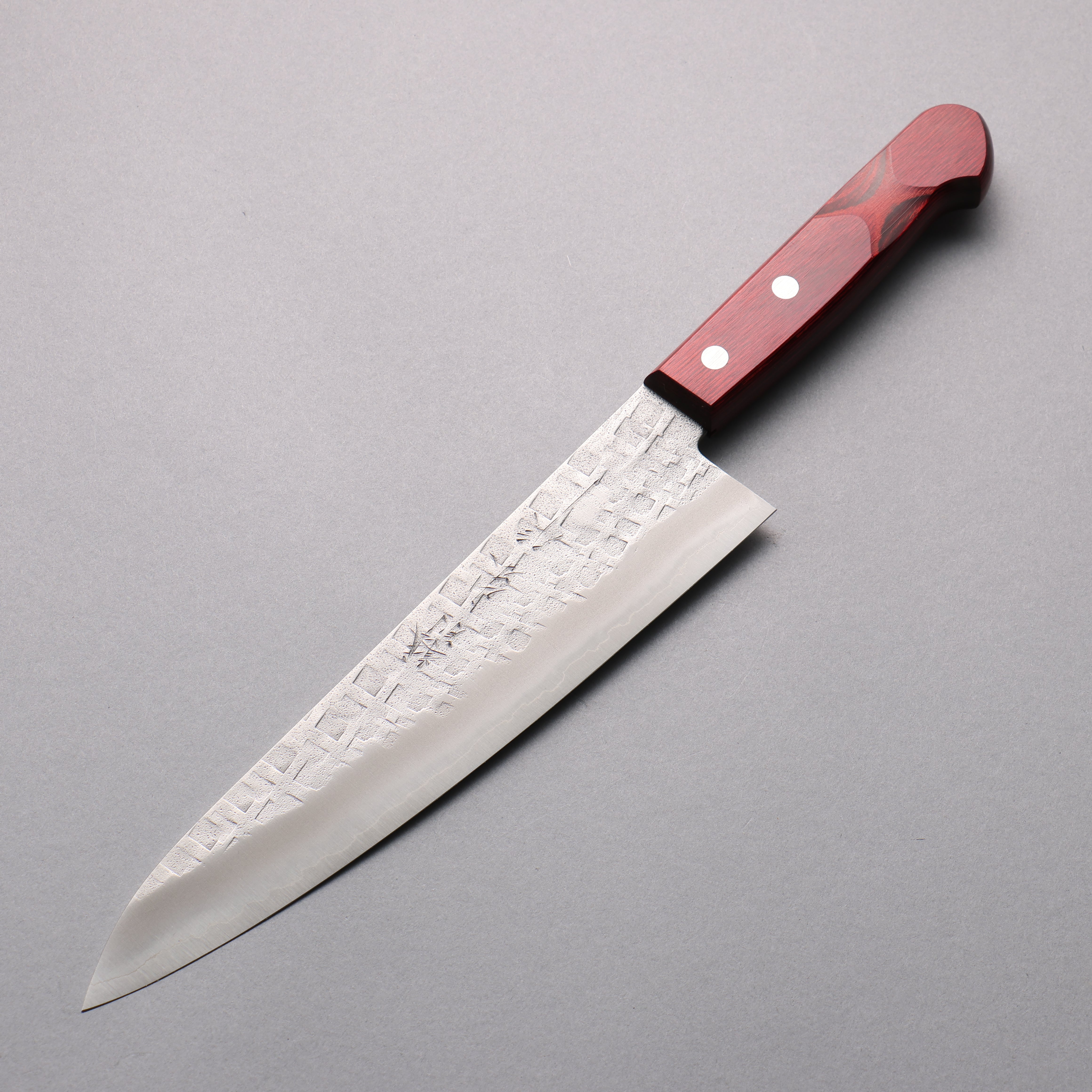 Nao Yamamoto 210mm Gyuto Chef Knife - Silver Steel No.3 Nashiji Hammered Square Blade with Red Pakka Wood Handle - Perfect for Sushi, Meat Cutting & Professional Kitchen Use