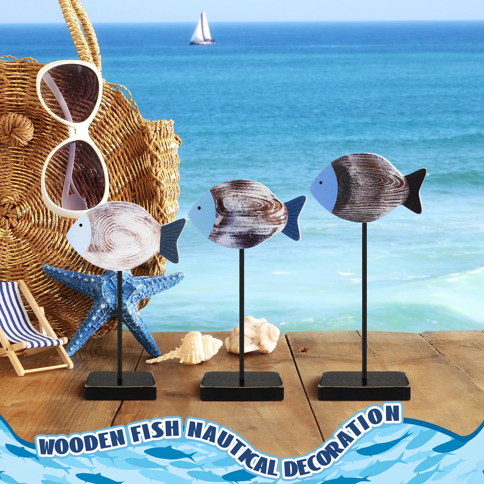 3 Pcs Wooden Sea Fish Table Decor - Coastal Beach House & Farmhouse Style Rustic Wood Fish Ornaments for Summer - Perfect for Home, Office, Bedroom, Shelf & Desk Decor - Great for Coastal Theme Parties & Vacation Home Styling