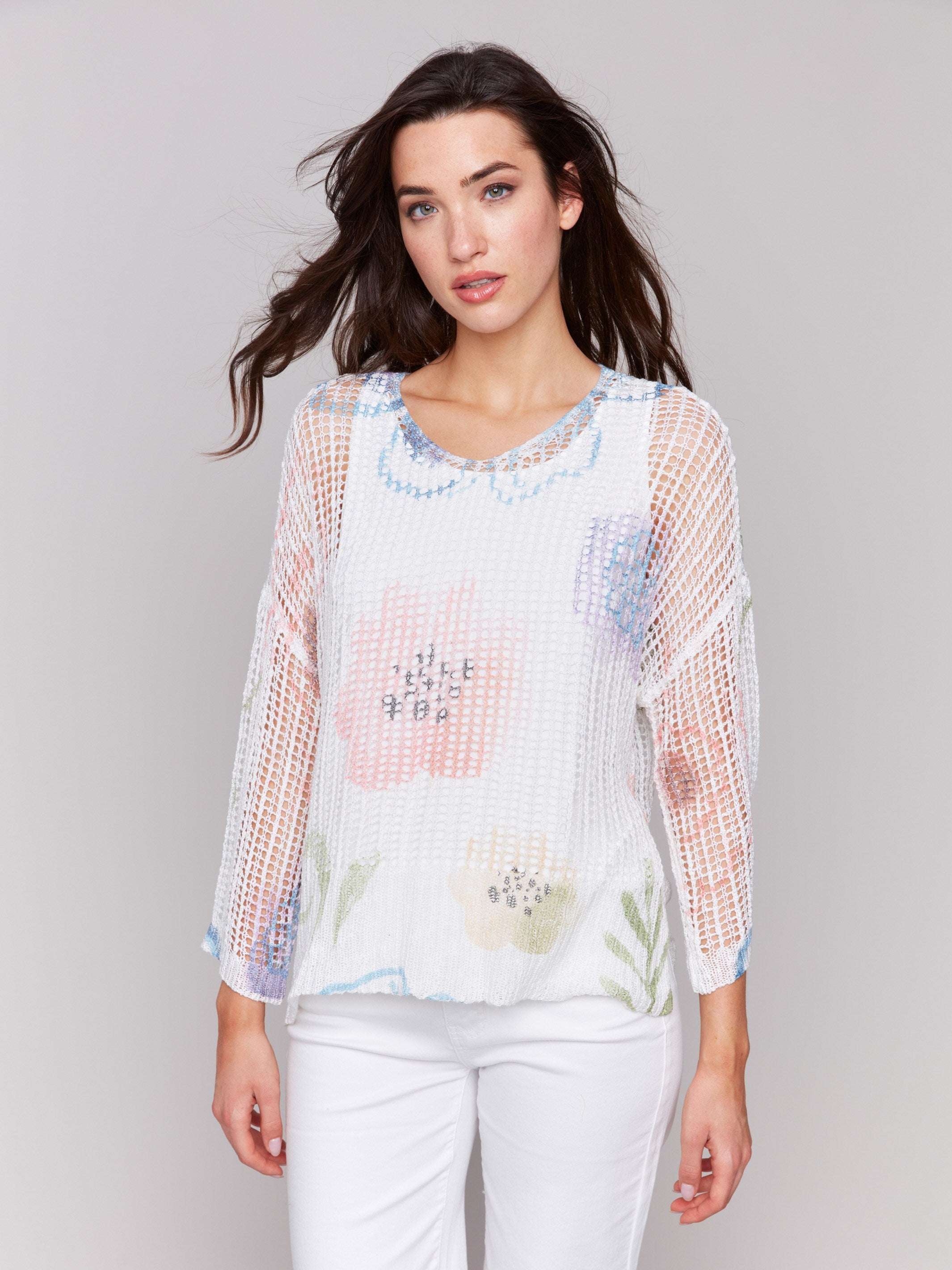 Watercolor Printed Fishnet Crochet Sweater - Stylish Boho Top for Women | Perfect for Beach Cover-ups, Music Festivals & Casual Outings