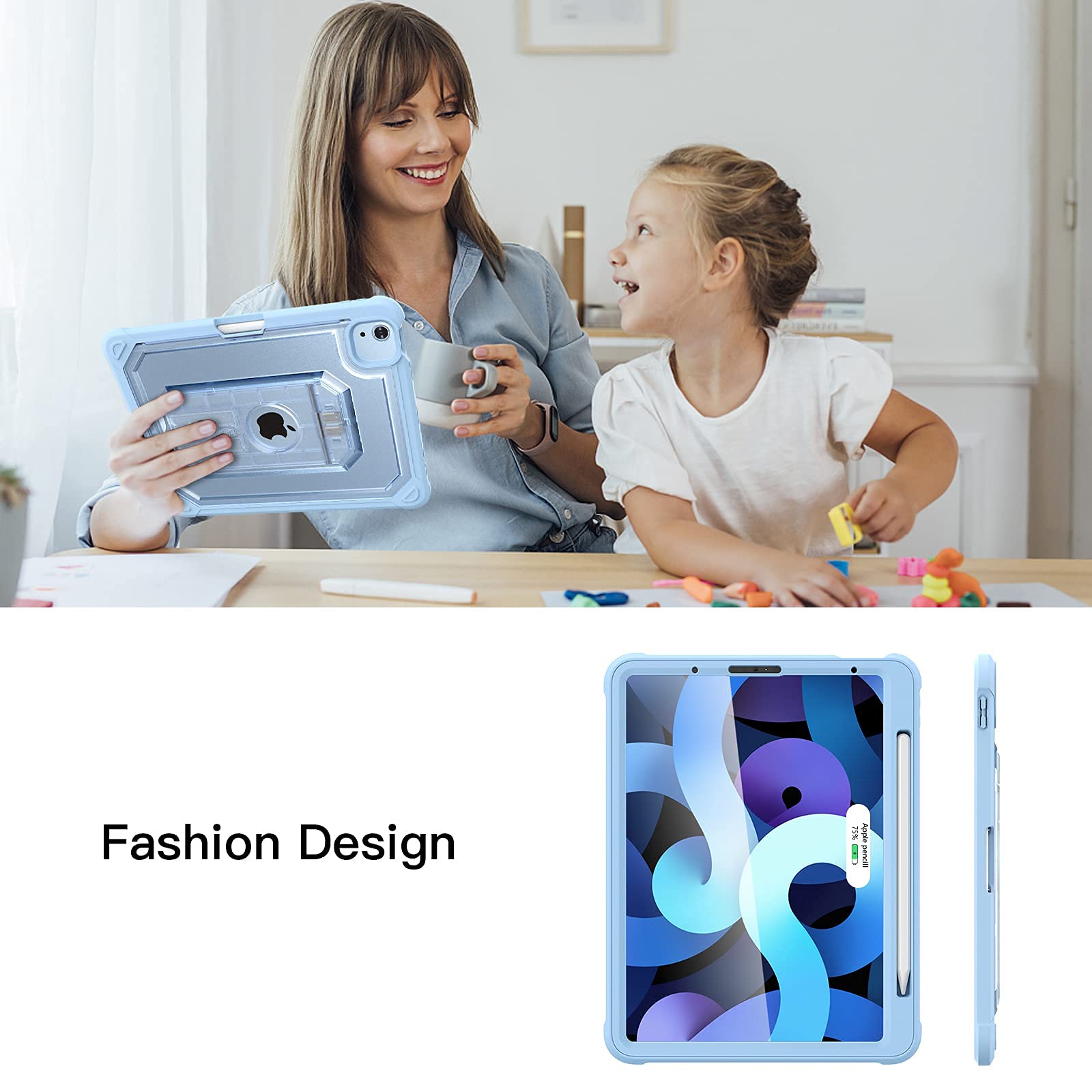 Clear Shockproof iPad Air 5th/4th Gen Case (10.9 Inch 2022/2020) - Built-in Screen Protector & Apple Pencil Holder with Kickstand - Dual Layer Protection in Clear & Sky Blue - Perfect for Work, School & Travel