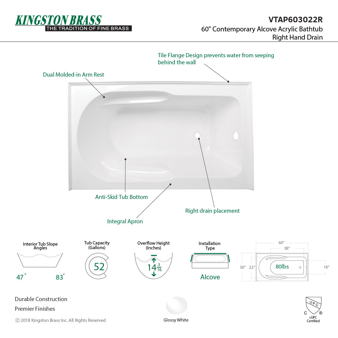 Aqua Eden VTAP603022R 60-Inch Acrylic Rectangular 3-Wall Alcove Bathtub - Anti-Slip Surface, Right-Hand Drain, Glossy White - Perfect for Small Bathrooms, Spa-Like Relaxation & Modern Home Decor